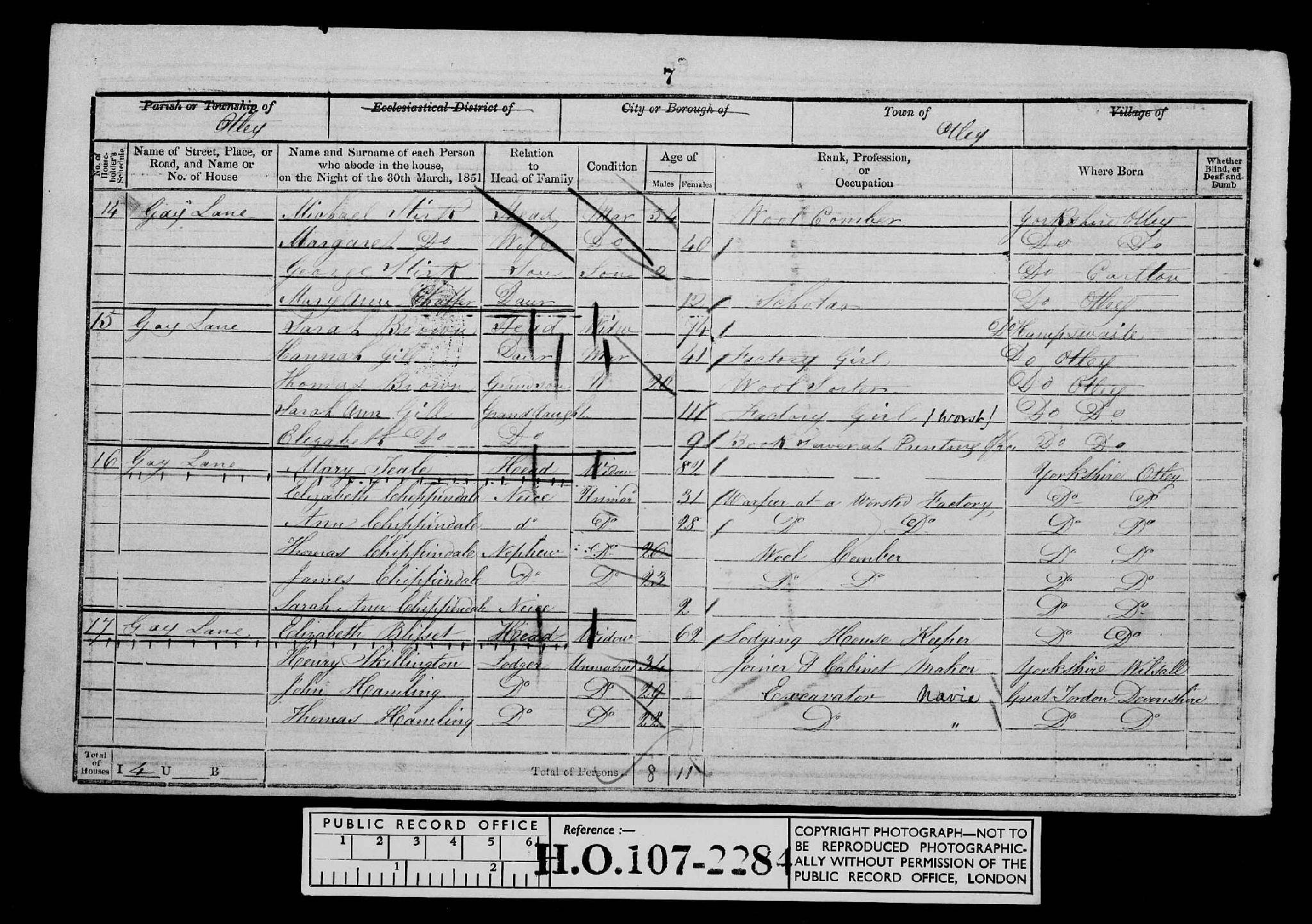 Census 1851 Otley, Yorkshire West Riding, England HO107-2284 Folio-489 Page-007 Schedule-014