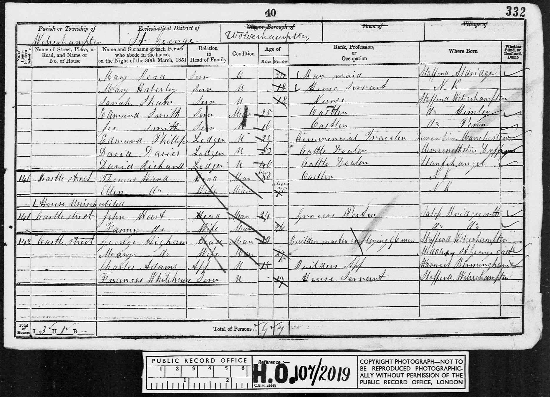 Census 1851 Wolverhampton, Staffordshire, England HO107-2019 Folio-331 Page-039 Schedule-139