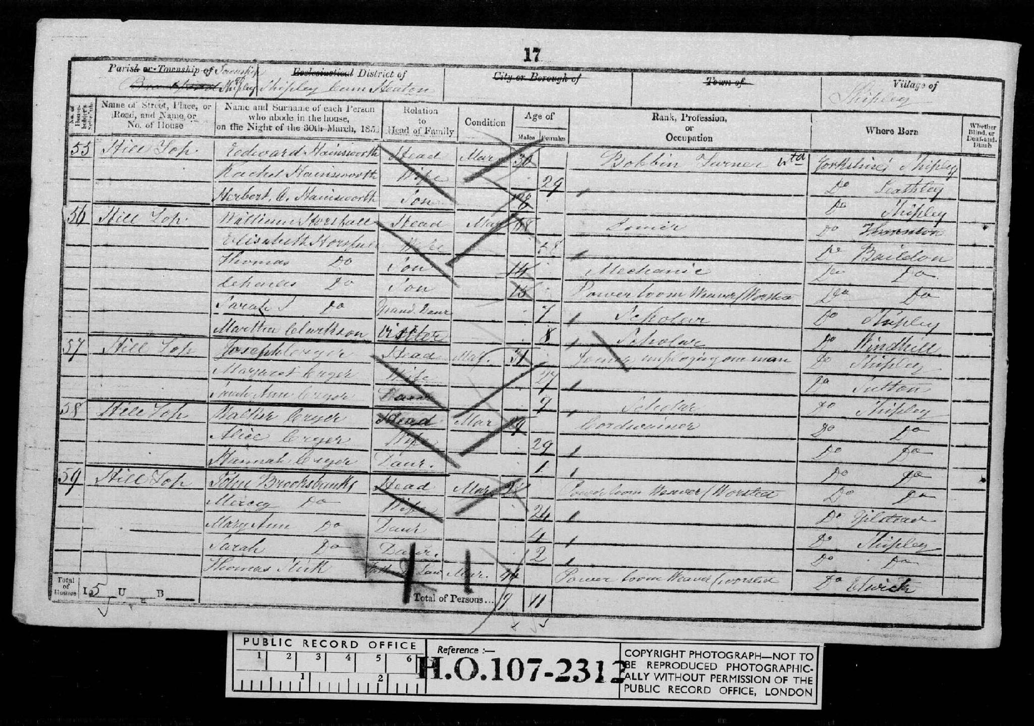 Census 1851 Shipley, Yorkshire, England HO107-2312 Folio-085 Page-017 Schedule-059