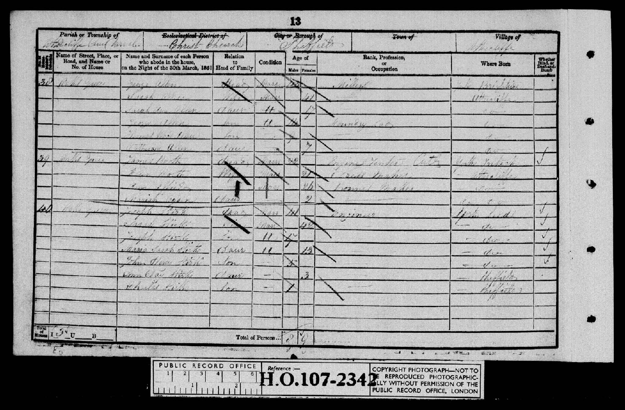 Census 1851 Attercliffe, Sheffield, Yorkshire HO107-22342 Folio-416 Page-013 Schedule-040