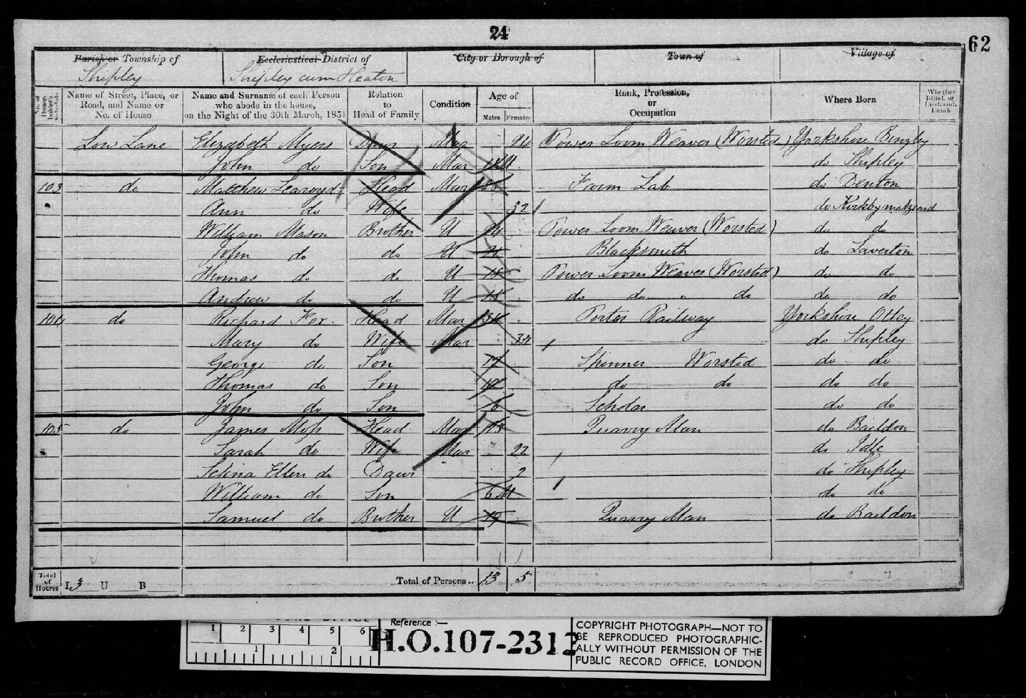 Census 1851 Shipley, Yorkshire, England HO107-2312 Folio-062 Page-024 Schedule-102