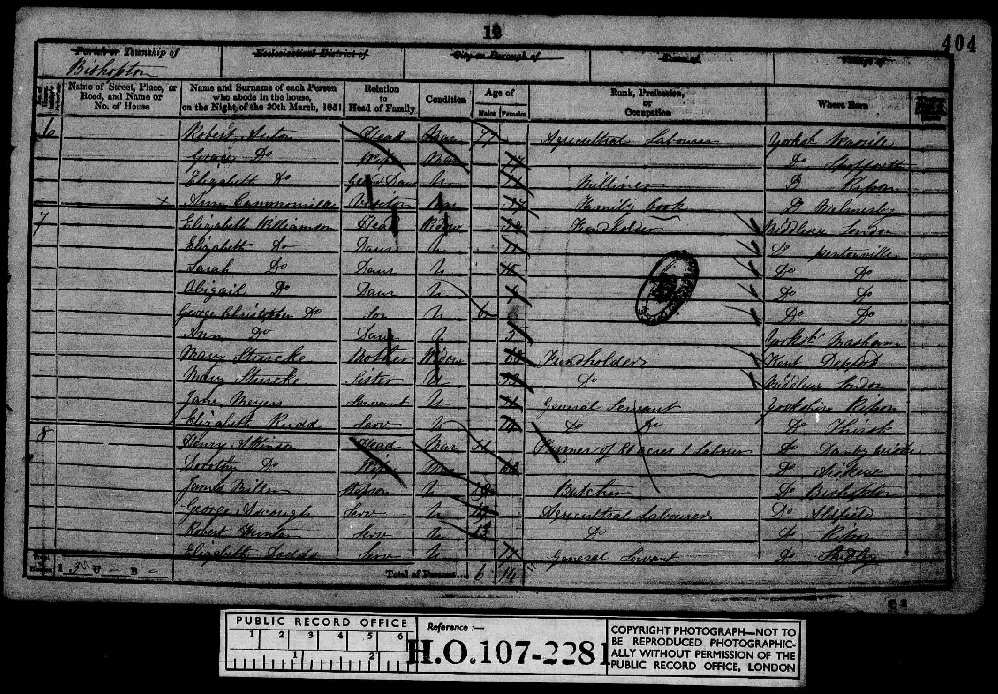 Census 1851 Ripon, Yorkshire West Riding, England HO107-2281 Folio-404 Page-012 Schedule-007