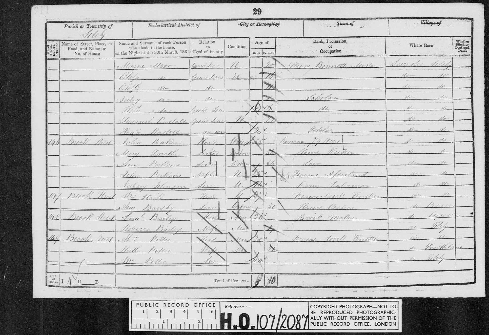 Census 1851 Sileby, Leicestershire, England HO107-2087 Folio-112 Page-029 Schedule-121
