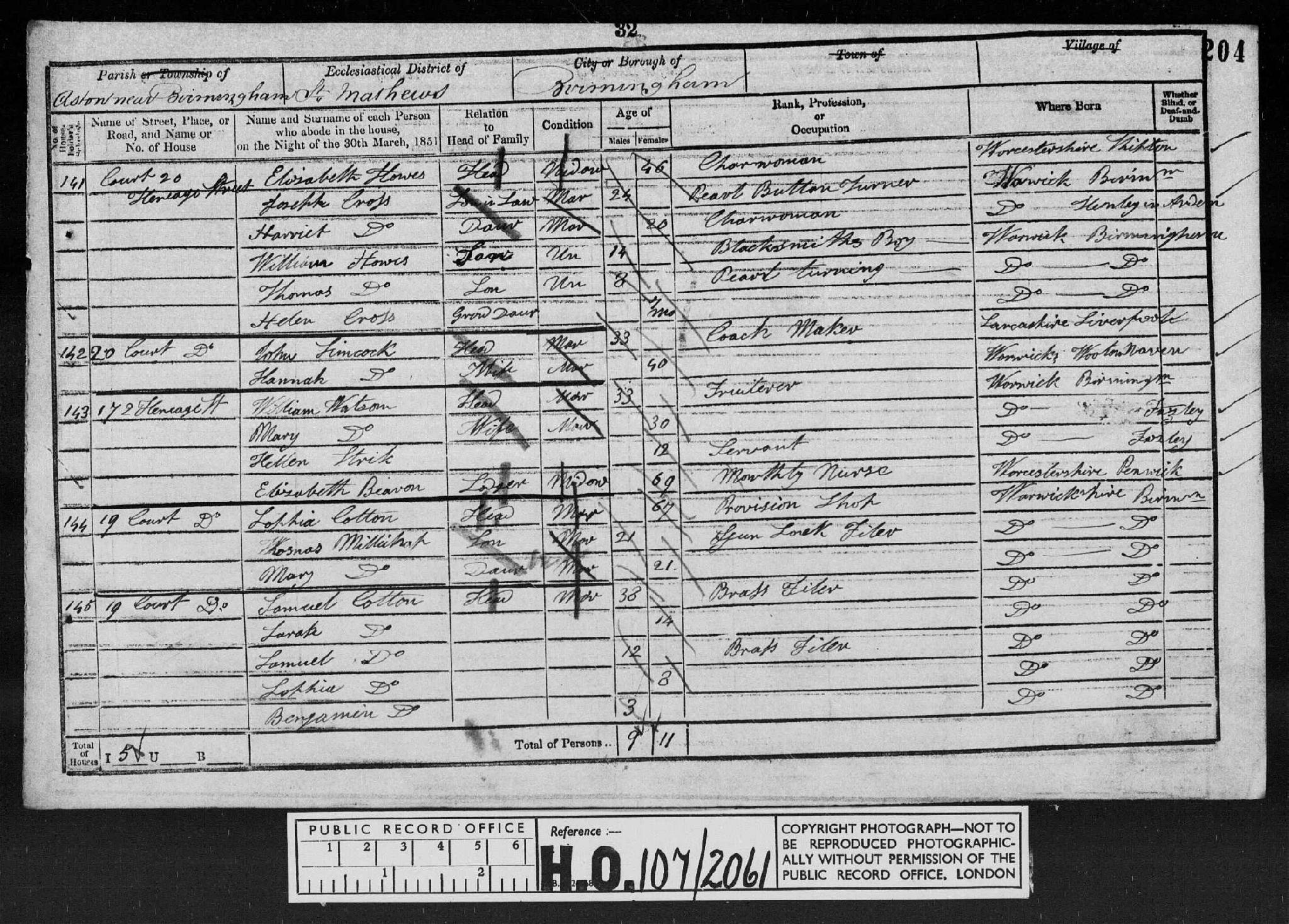 Census 1851 Aston, Warwickshire, England HO107-2061 Folio-204 Page-032 Schedule-143