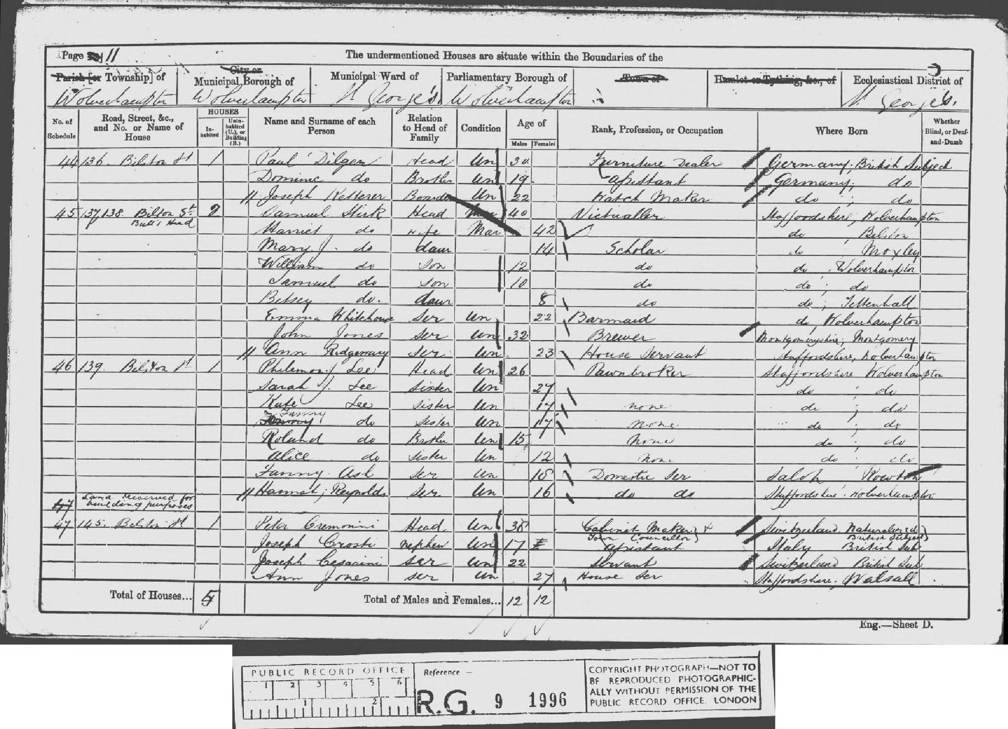 Census 1861 Wolverhampton, Staffordshire, England RG09-1996 Folio-152 Page-11 Schedule-45