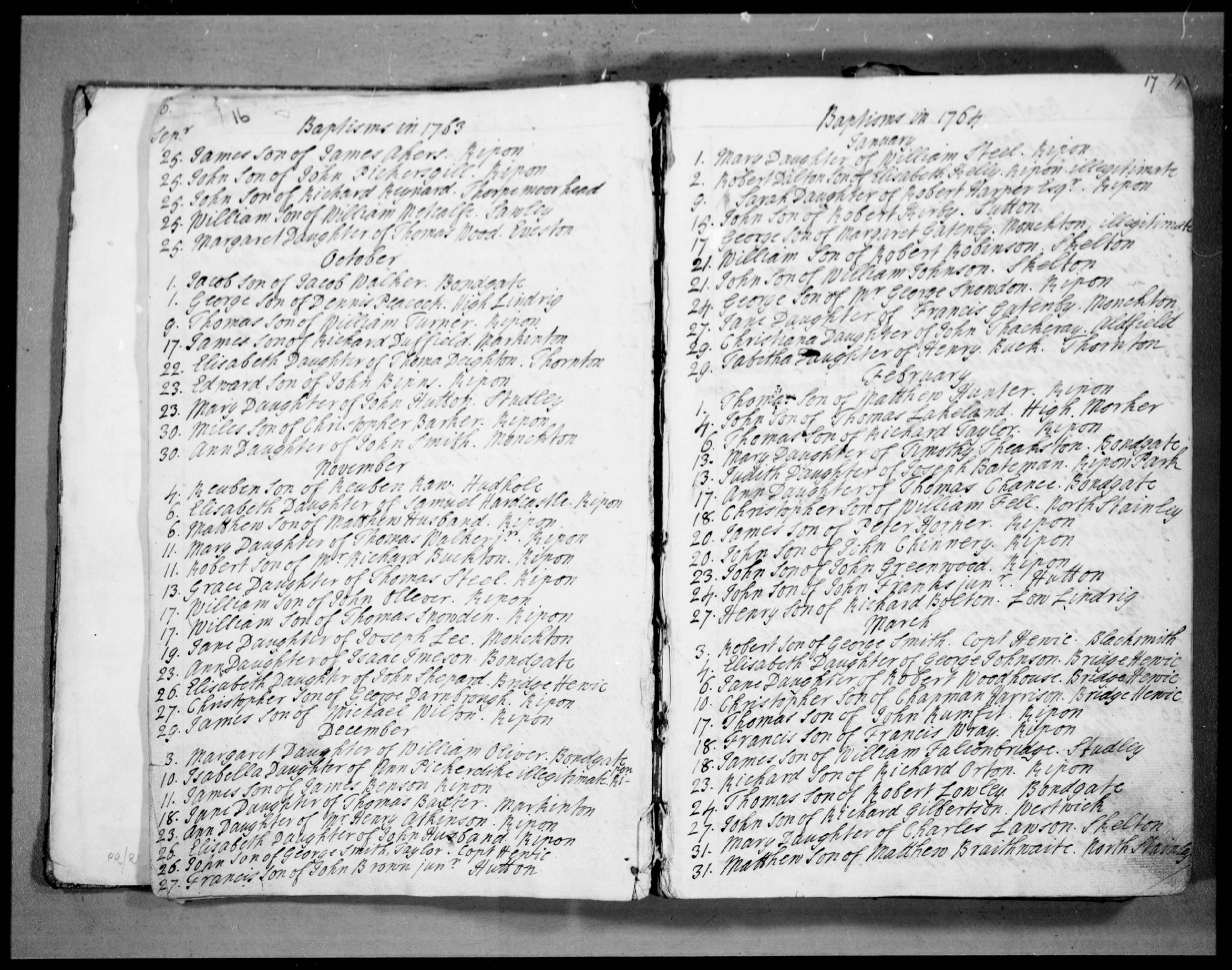 Baptism Ripon, Yorkshire West Riding, England (Ripon Cathedral) 27 Jan 1764 Jane Gatenby