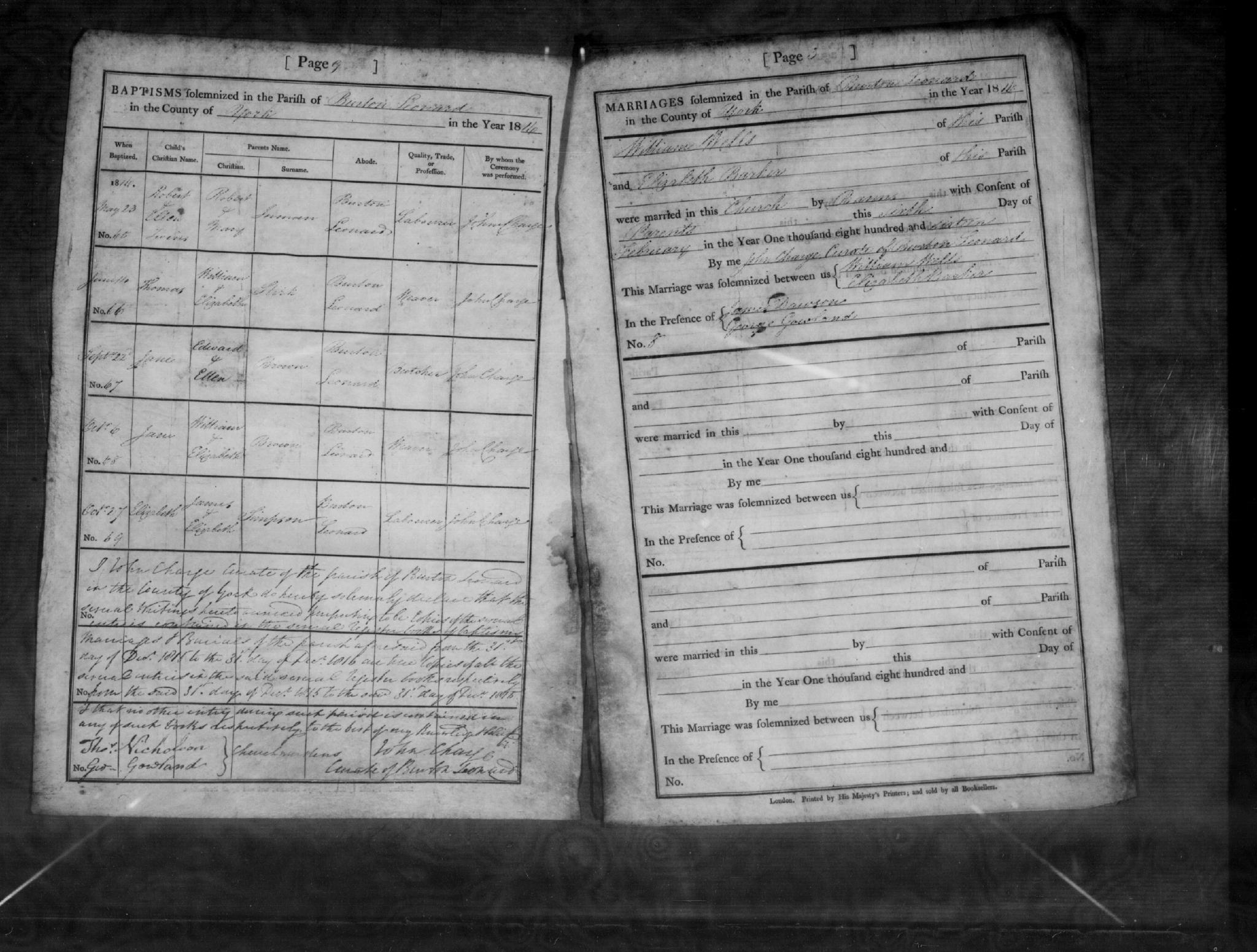 Baptism Burton Leonard, Yorkshire, England (St. Leonard's) 14 Jun 1816 Thomas Stirk