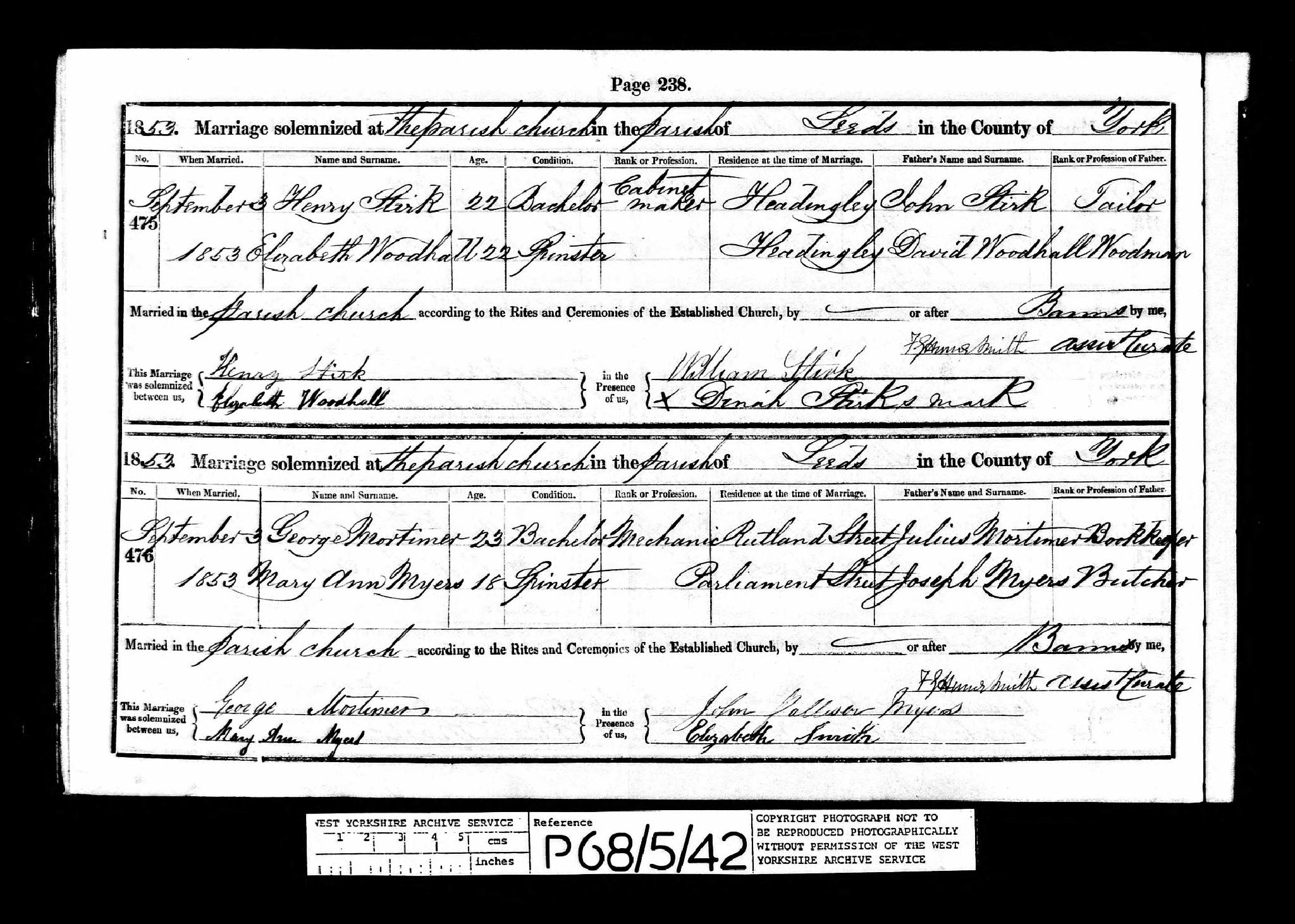 Marriage Leeds, Yorkshire, England (St. Peter's Church (Parish)) 3 Sep 1853 Henry Stirk & Elizabeth Woodhall