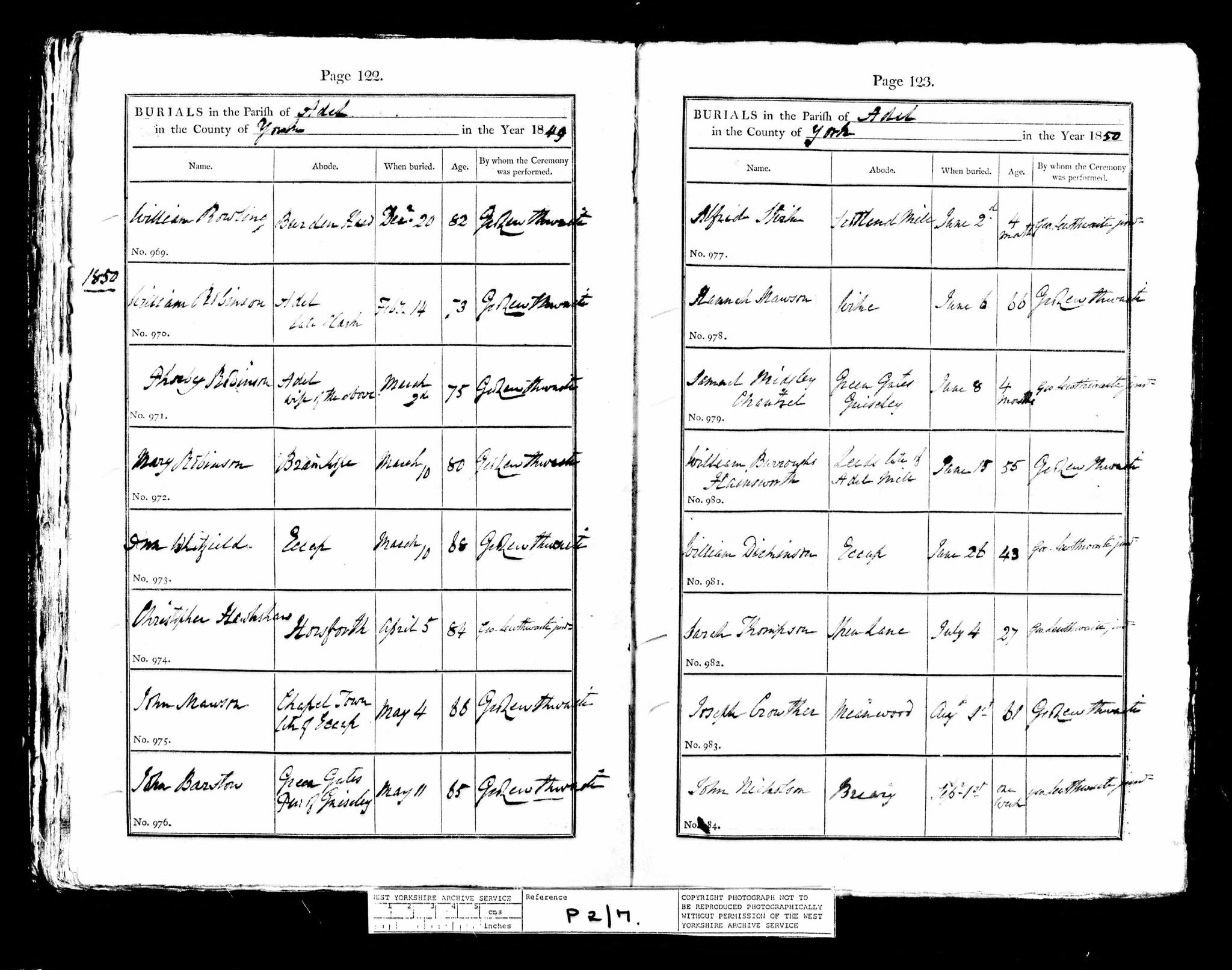 Burial Adel, Yorkshire, England (St. John the Baptist) 2 Jun 1850 Alfred Stirk