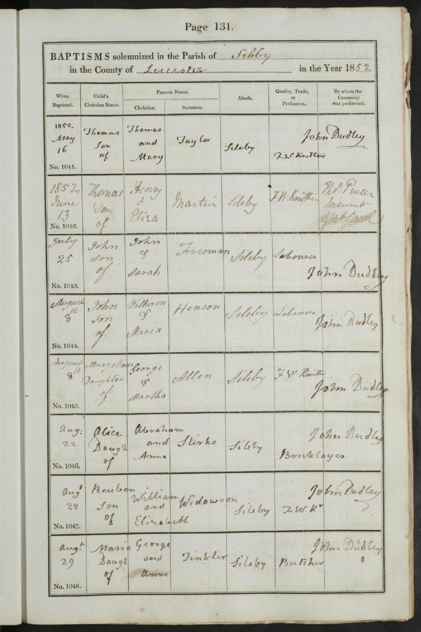 Baptism Sileby, Leicestershire, England (St. Marys) 22 Aug 1852 Alice Stirk