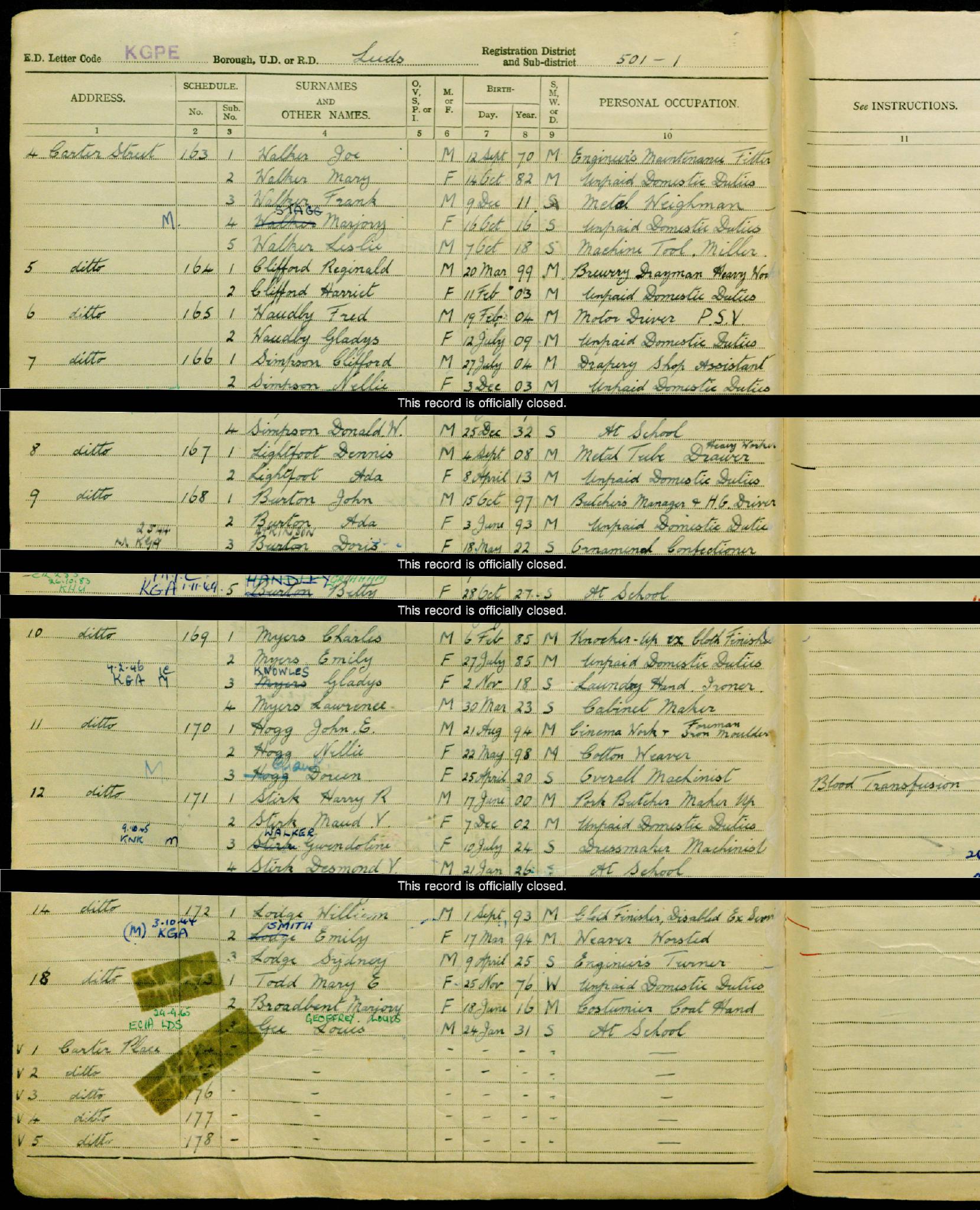 Register 1939 Leeds, Yorkshire, England RG101/3465E/012/29 Letter Code: KGPE Schedule 171