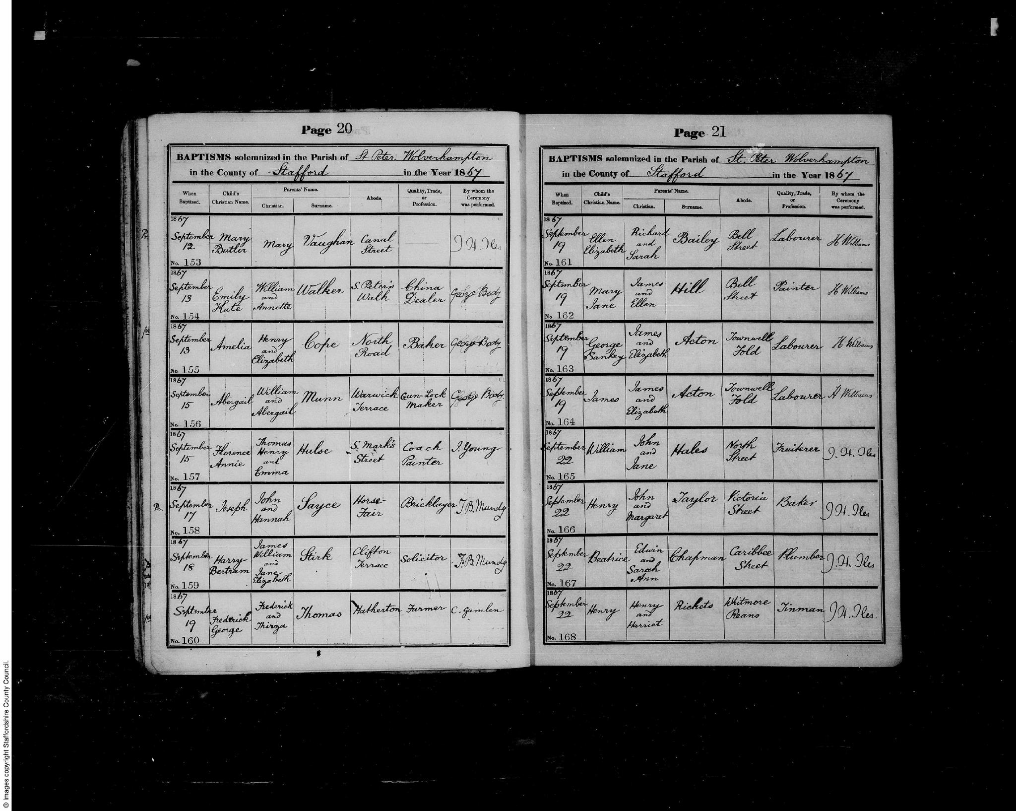 Baptism Wolverhampton, Staffordshire, England (St. Peter's Church) 18 Sep 1867 Harry Betram Stirk