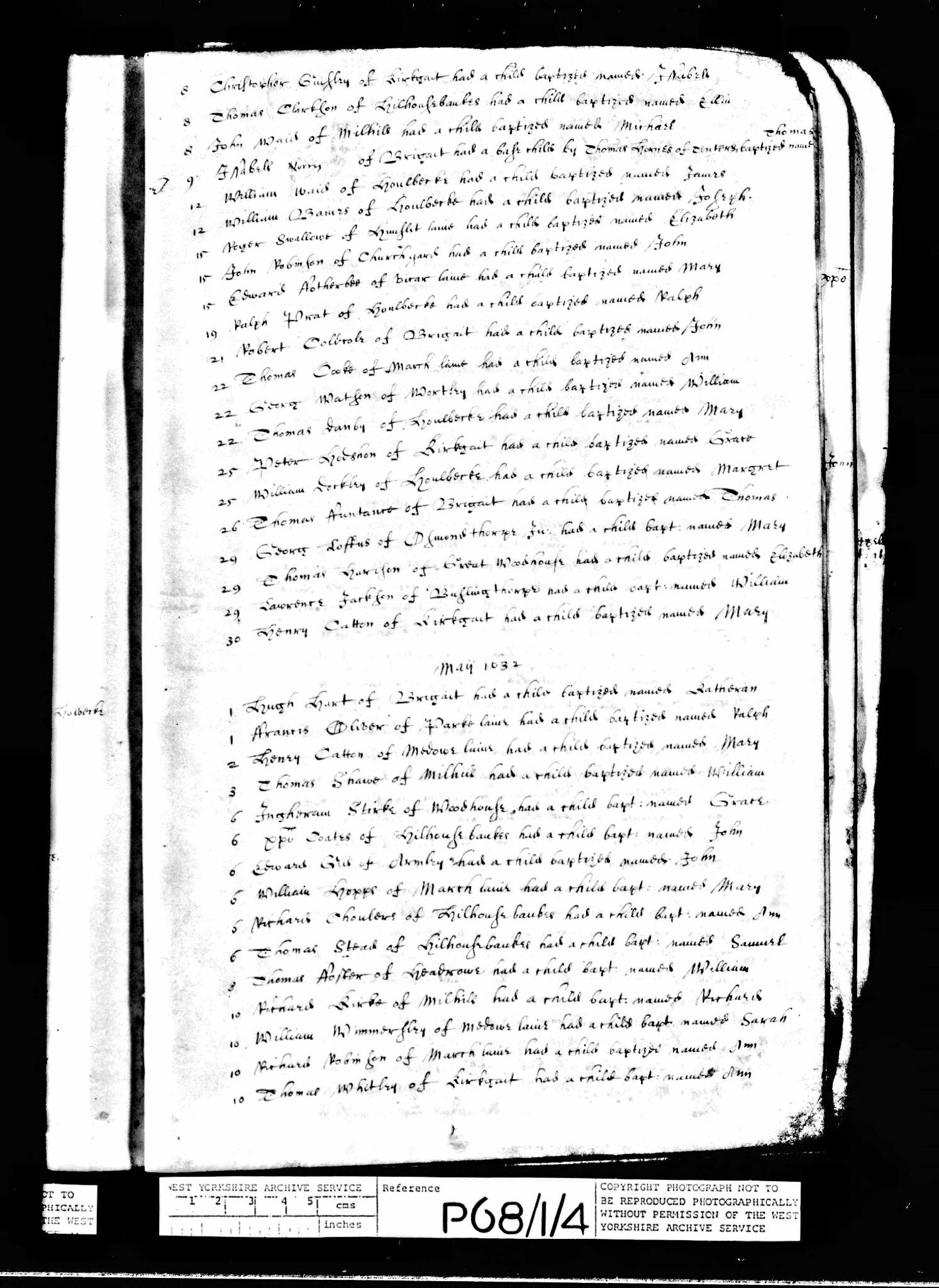 Baptism Leeds, Yorkshire, England (St. Peter's Church (Parish)) 6 May 1632 Grace Stirk