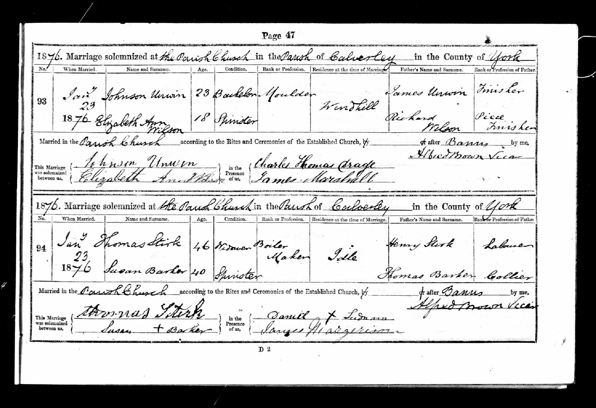 Marriage Calverley, yorkshire, England (St. Wilfrid's Church) 23 Jan 1876 Thomas Stirk & Susan Barker