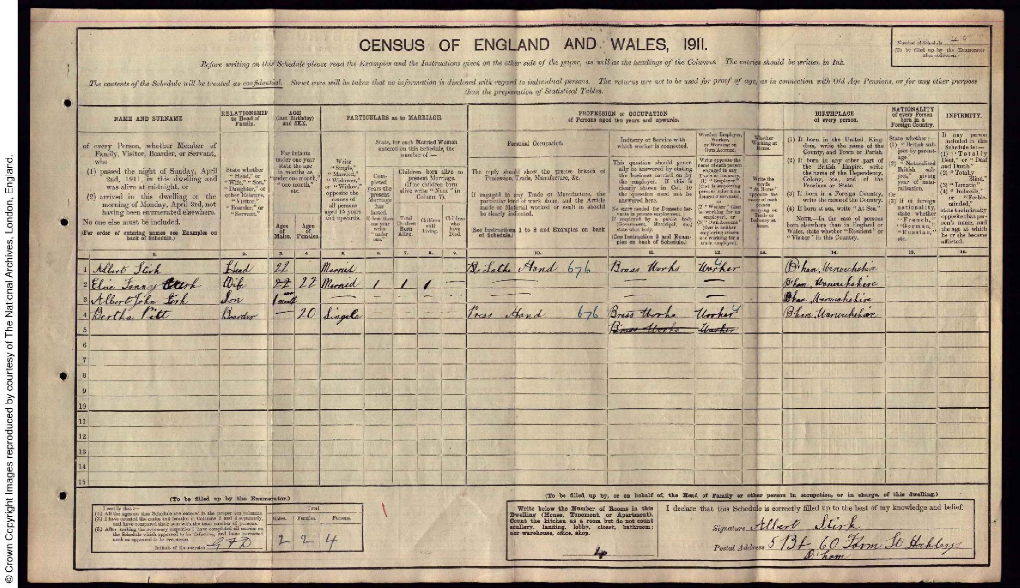 Census 1911 Birmingham, Warwickshire, England RG14PN18056 RG78PN1096 RD384 SD2 ED24 SN40 (Albert Stirk)