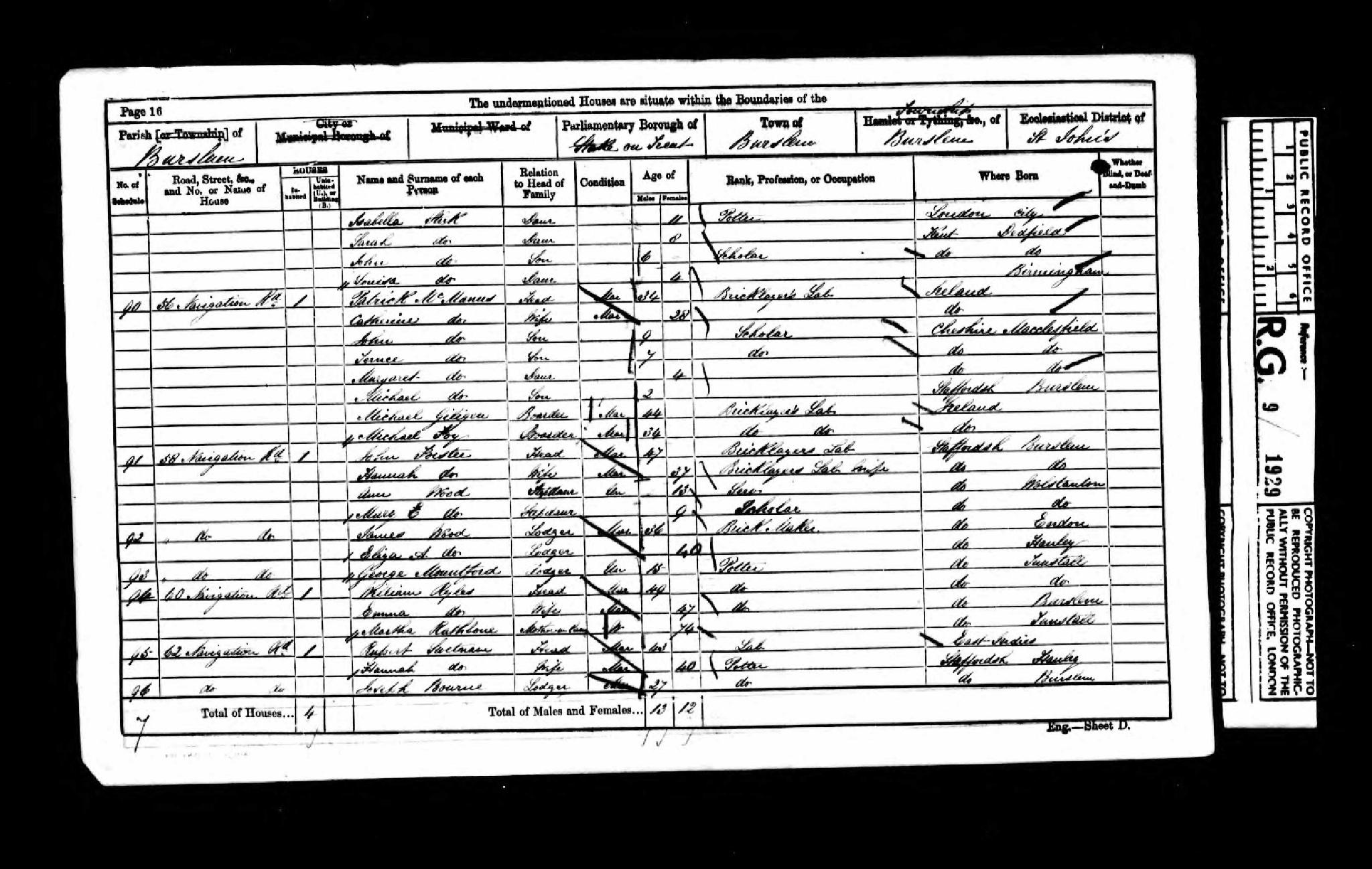 Census 1861 Burslem, Staffordshire, England RG09-1929 Folio-011 Page-15 Schedule-89 (Elizabeth Stirk)
