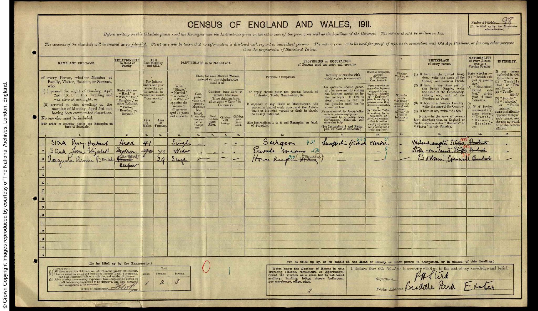 Census 1911 Buddle Park, Exeter, England RG14PN12654 RG78PN726 RD270 SD5 ED24 SN98 (Percy herbert Stirk)