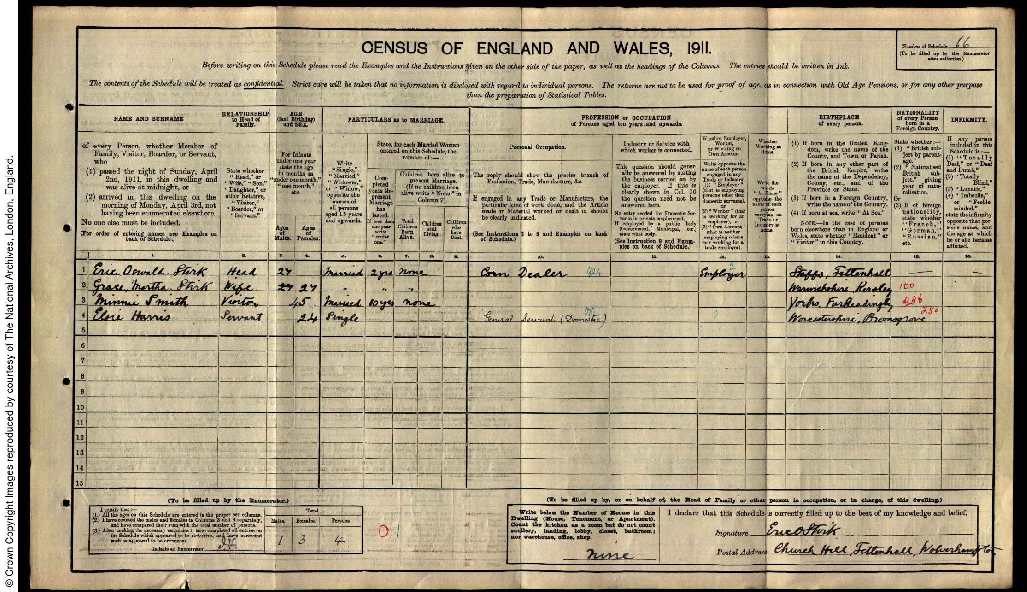 Census 1911 Tettenhall, Staffordshire, England RG14PN16977 RG78PN1048 RD369 SD1 ED1 SN66 (Eric Oswald Stirk)