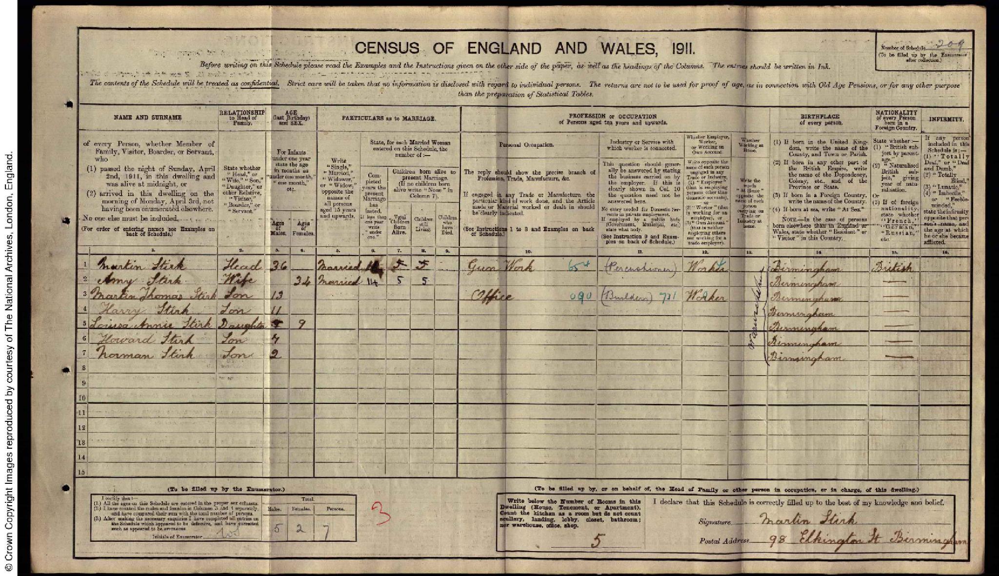Census 1911 Birmingham, Warwickshire, England RG14PN18088 RG78PN1097 RD384 SD3 ED28 SN209 (Martin Stirk)