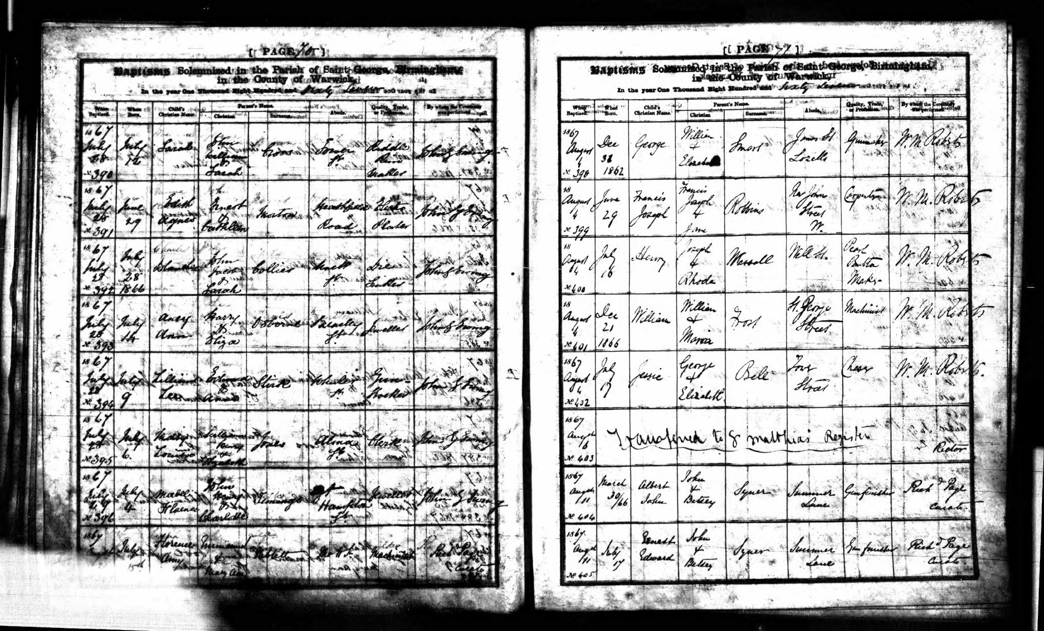 Baptism Birmingham, Warwickshire, England (St. George) 28 Jul 1867 Lilian Lea Stirk