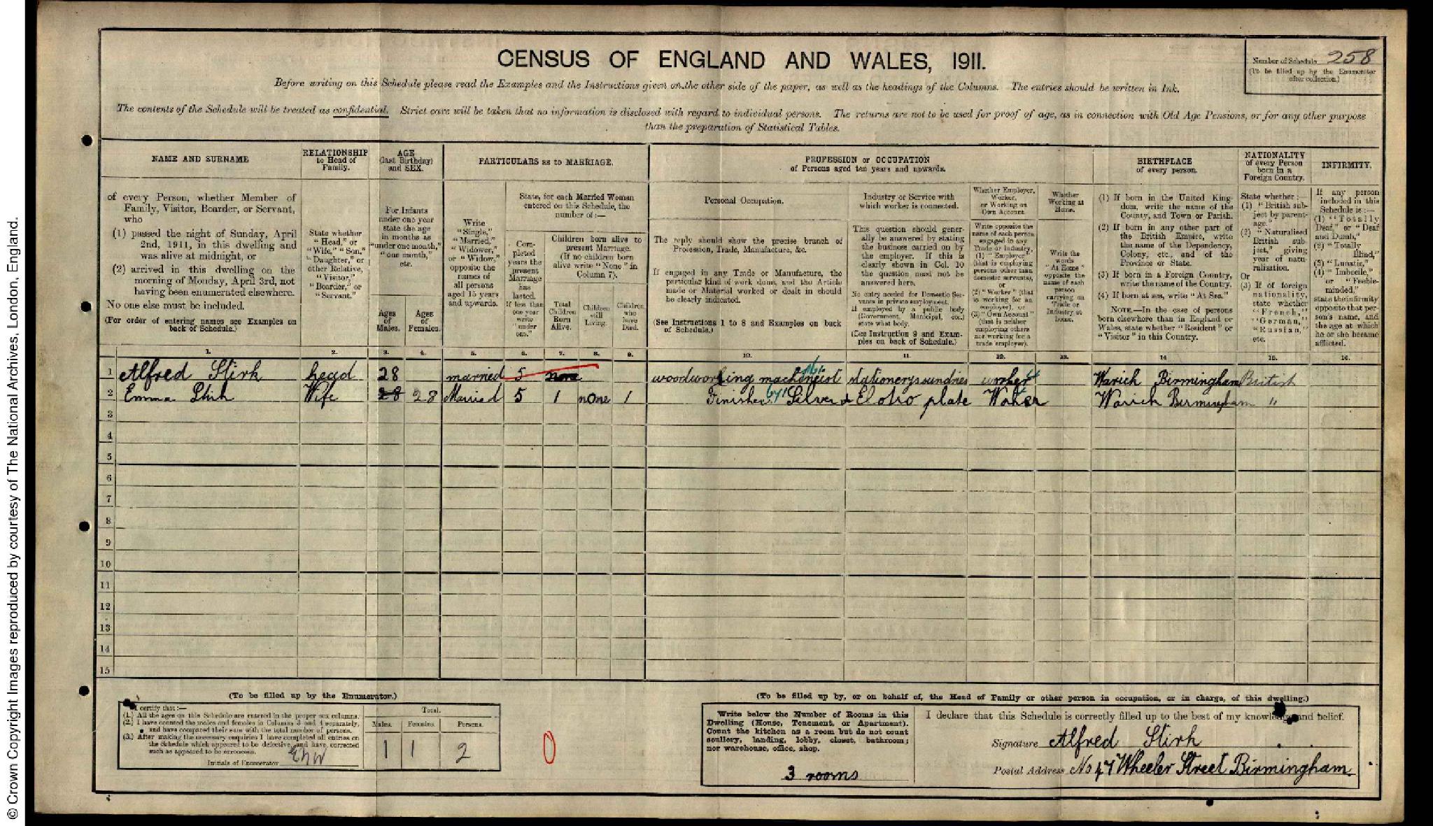 Census 1911 Birmingham, Warwickshire, England RG14PN18079 RG78PN1097 RD384 SD3 ED19 SN258 (Alfred Stirk)
