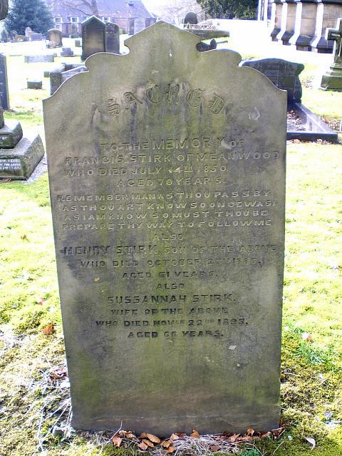 Gravestone: Holy Trinity, Meanwood, Yorkshire, England Grave B5 Francis STIRK