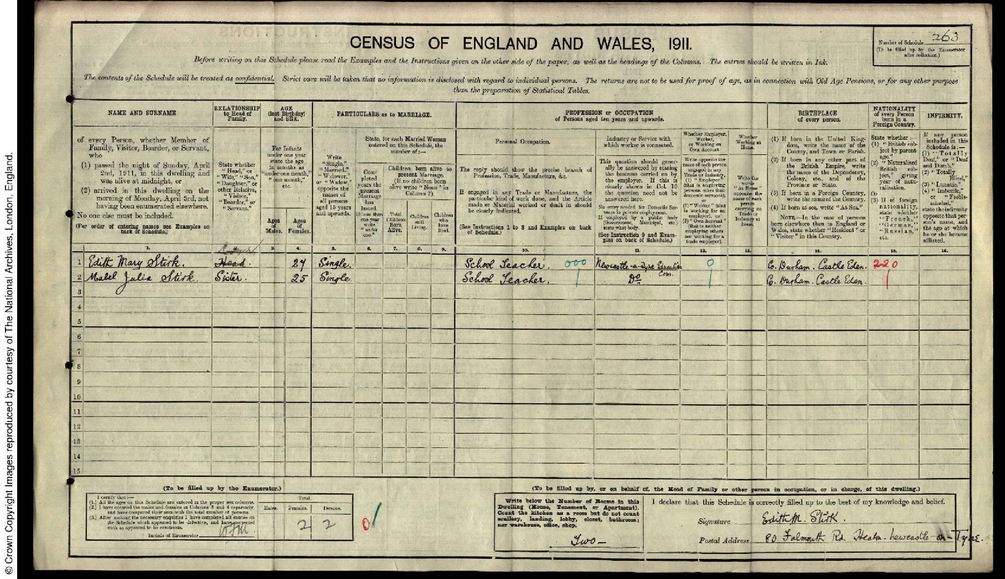 Census 1911 Newcastle Upon Tyne, Northumberland, England RG14PN30691 RG78PN1756 RD558 SD6 ED35 SN263 (Edith M Stirk)