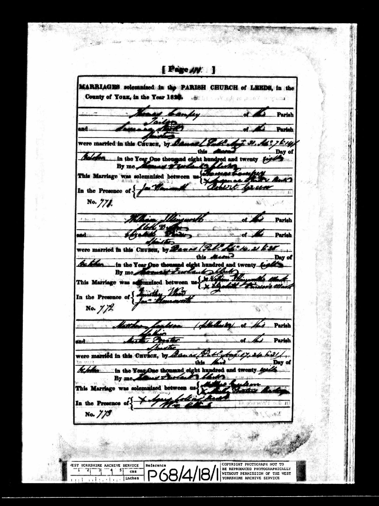 Marriage Leeds, Yorkshire, England (St. Peter's Church (Leeds Parish)) 2 Oct 1828 Thomas Campey & Susannah Stirk