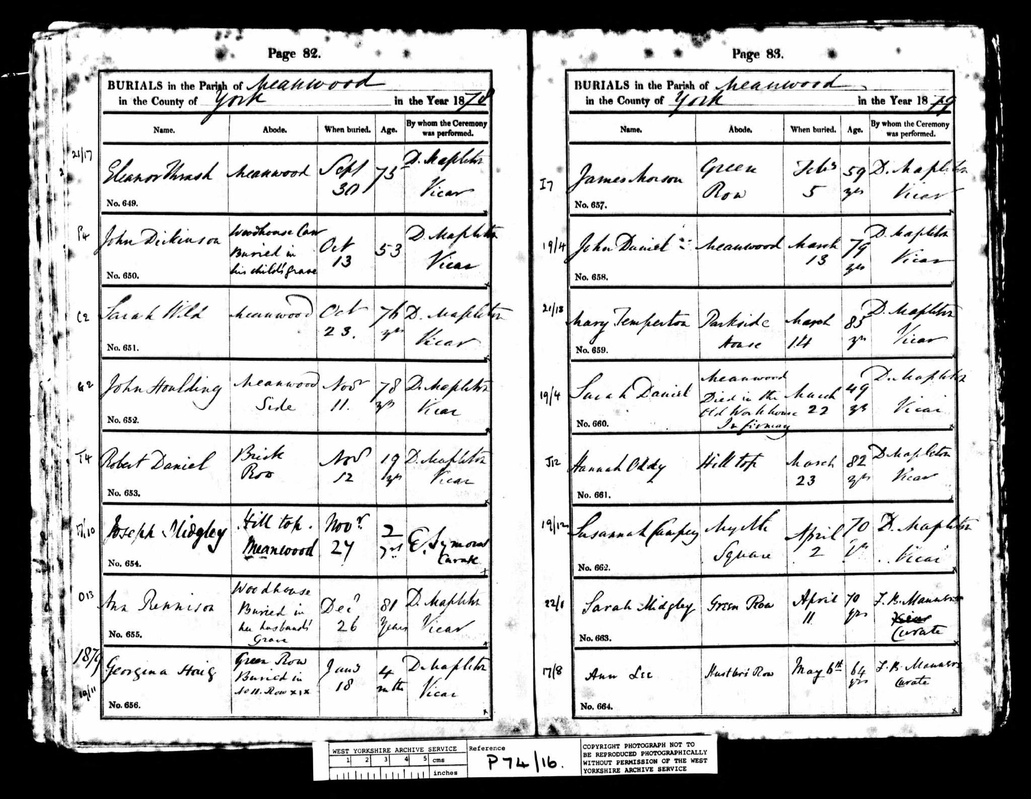 Burial Meanwood, Yorkshire, England (Holy Trinity Church) 2 Apr 1879 Susannah Campey