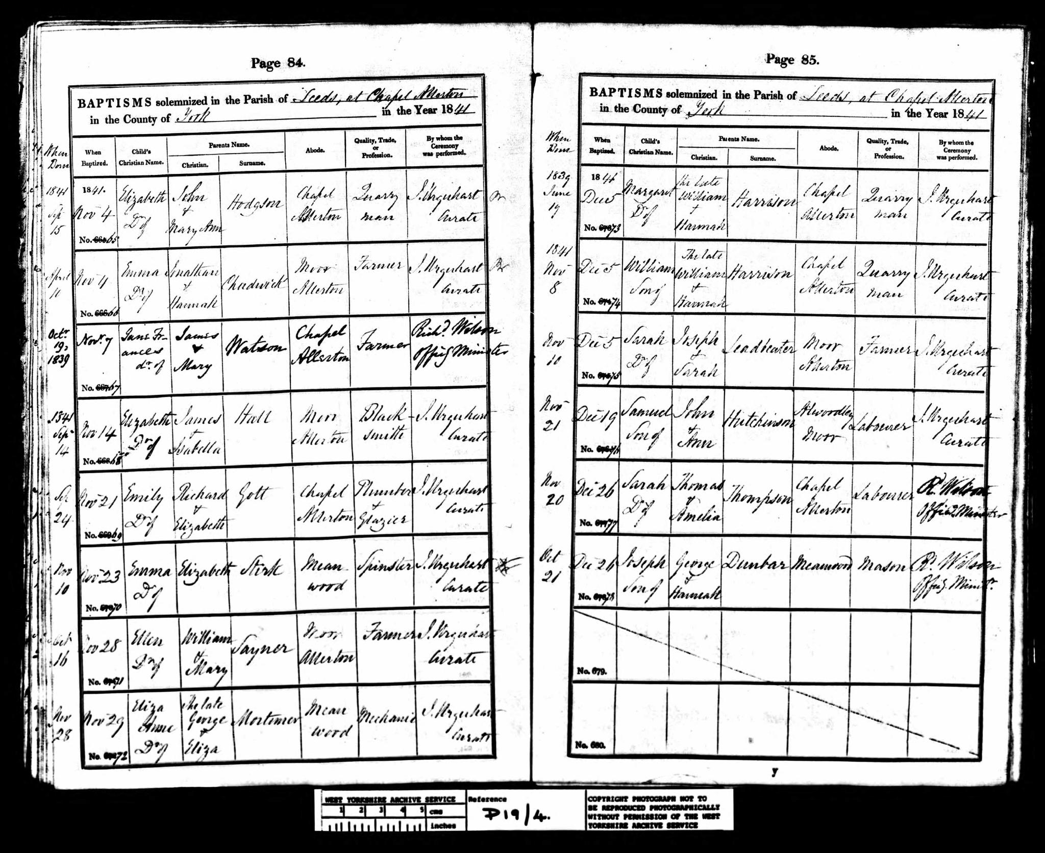 Baptism Chapel Allerton, Yorkshire, England (St. Matthew's) 23 Nov 1841 Emma Stirk