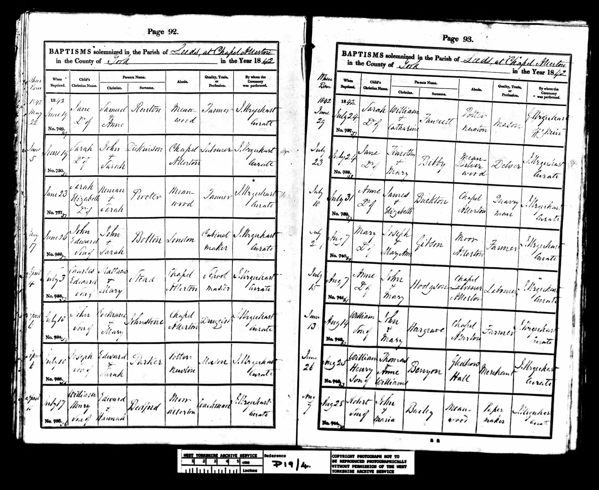 Baptism Chapel Allerton, Yorkshire, England (St. Matthew's) 24 Jul 1842 Jane Bibby