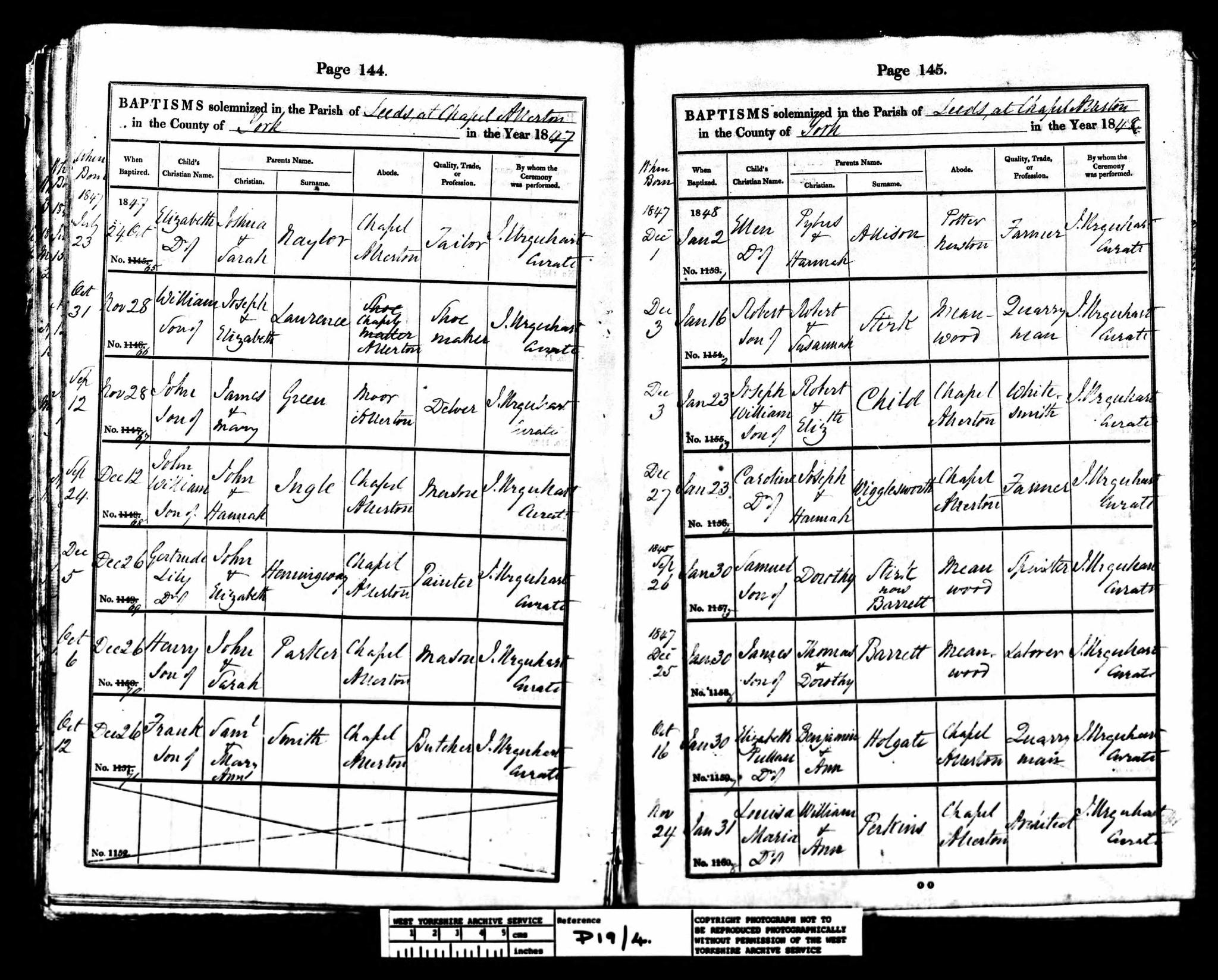 Baptism Chapel Allerton, Yorkshire, England (St. Matthew's) 16 Jan 1848 Robert Stirk