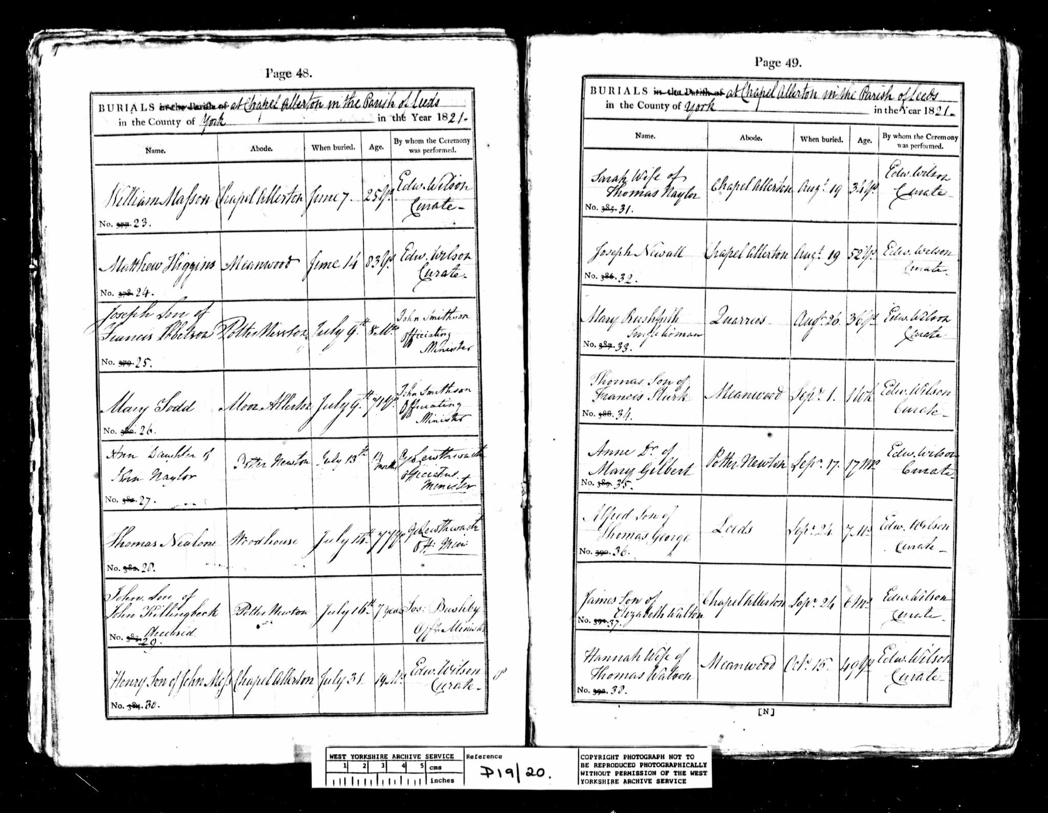 Burial Chapel Allerton, Yorkshire, England (St. Matthew's) 1 Sep 1821 Thomas Stirk