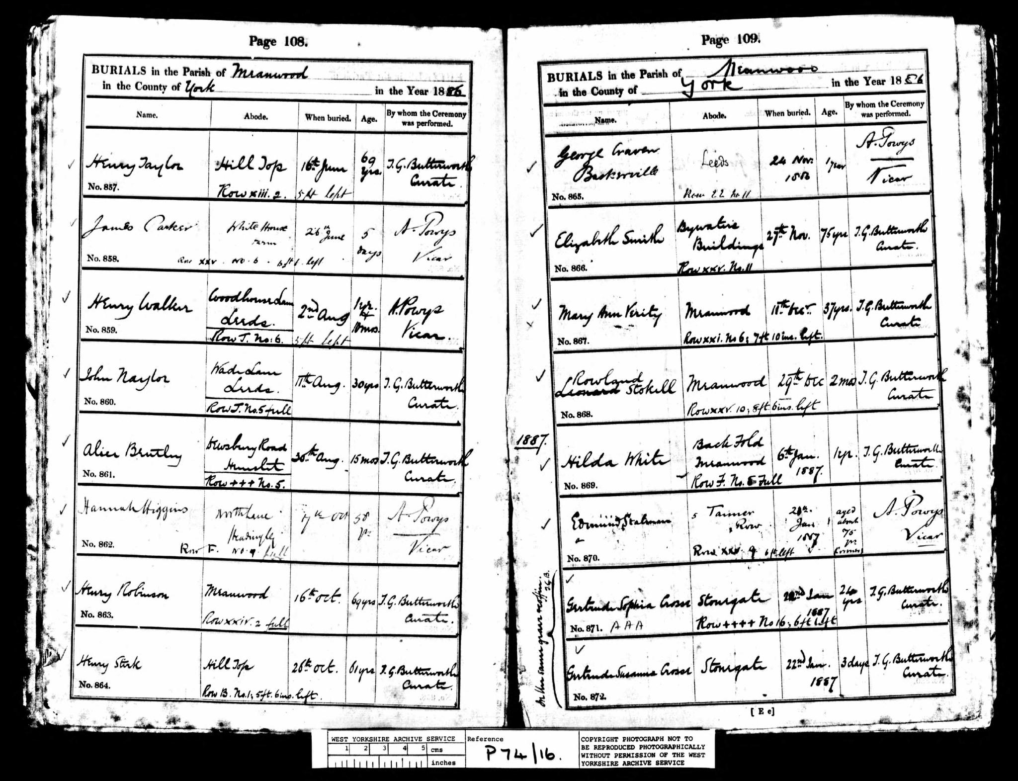 Burial Meanwood, Yorkshire, England (Holy Trinity Church) 26 Oct 1886 Henry Stirk