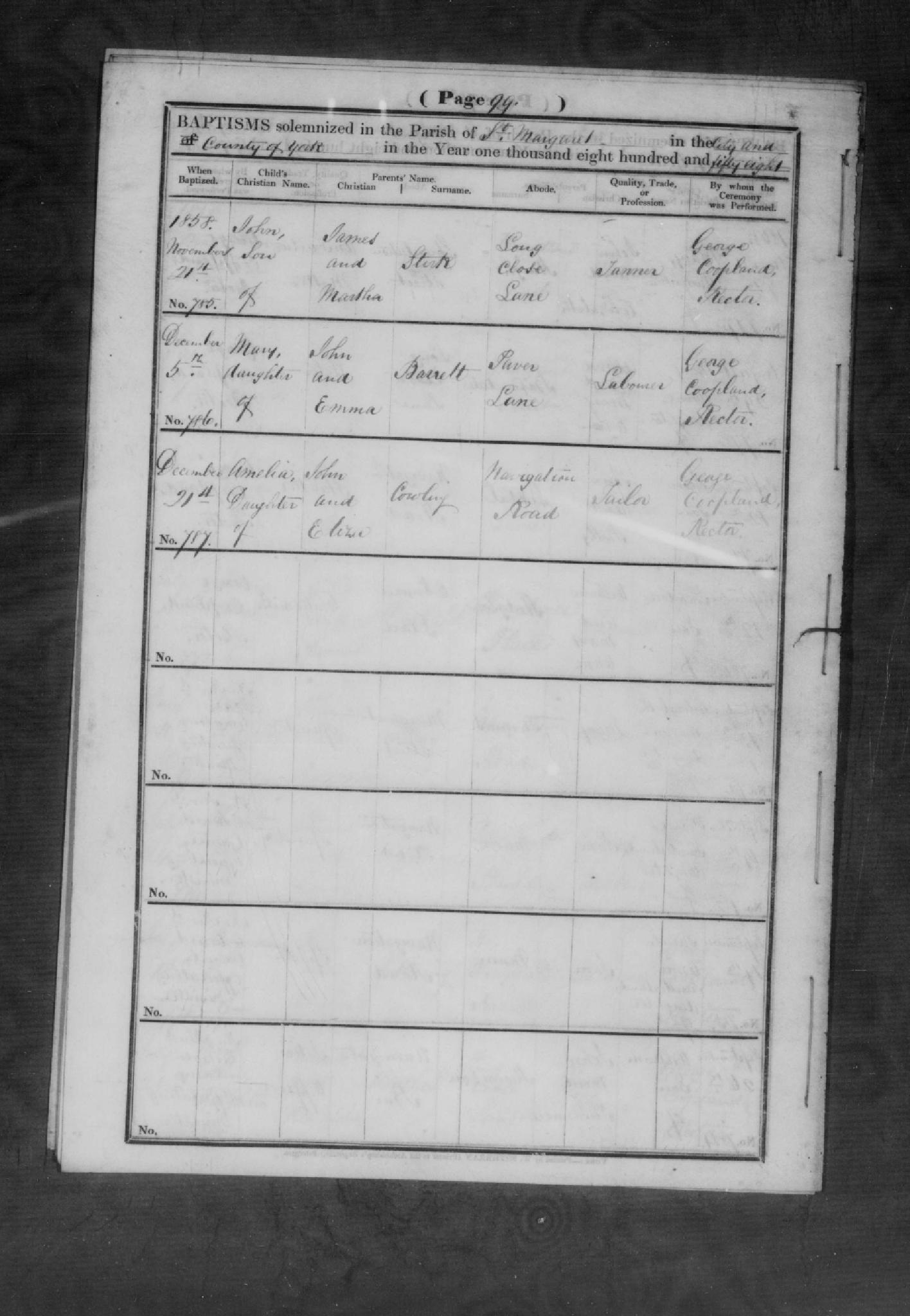 Baptism York, Yorkshire, England (St. Margaret's Church) 21 Nov 1858 John Stirk