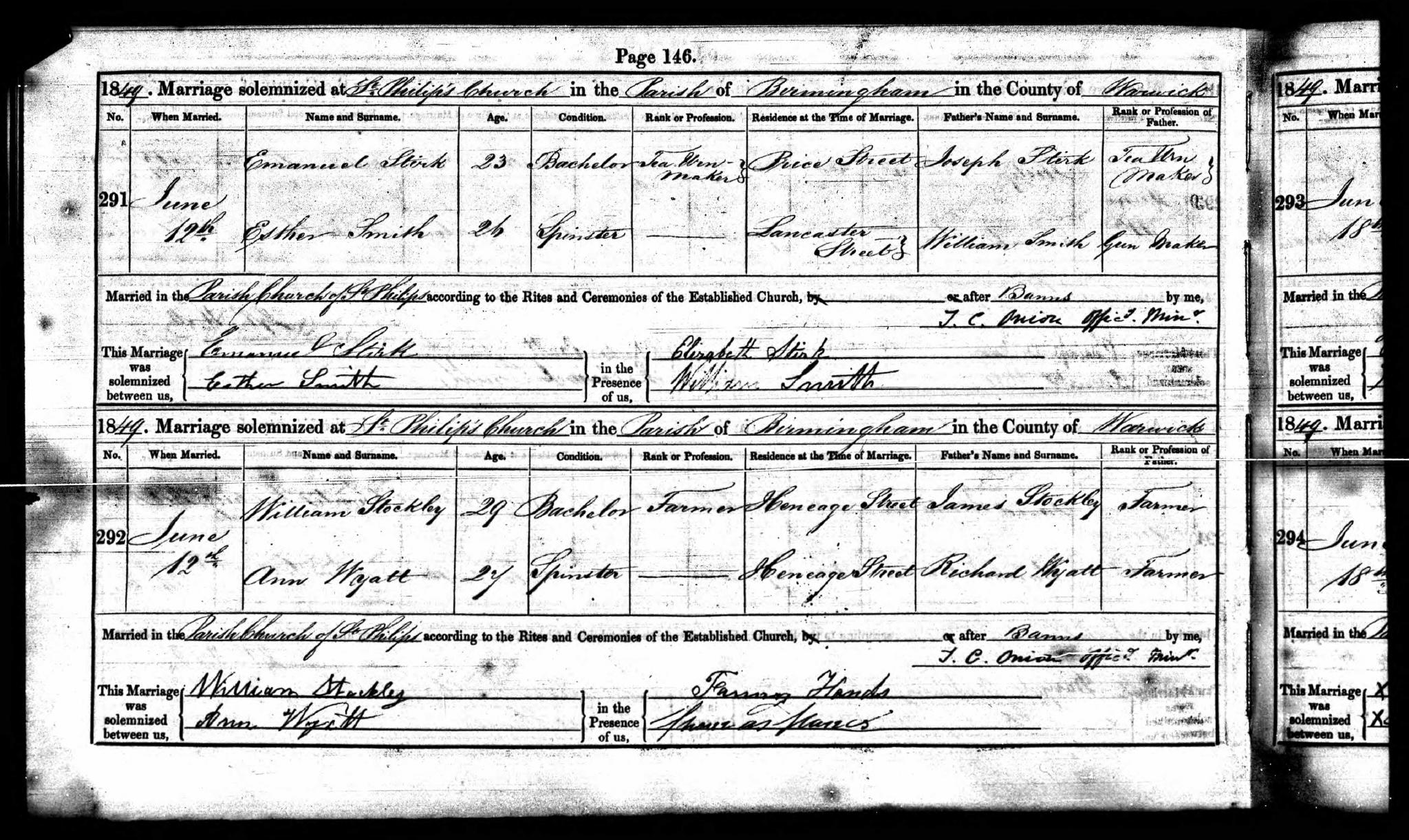 Marriage Birmingham, Warwickshire, England (Saint Phillips) 12 Jun 1849 Emmanuel Stirk & Esther Smith