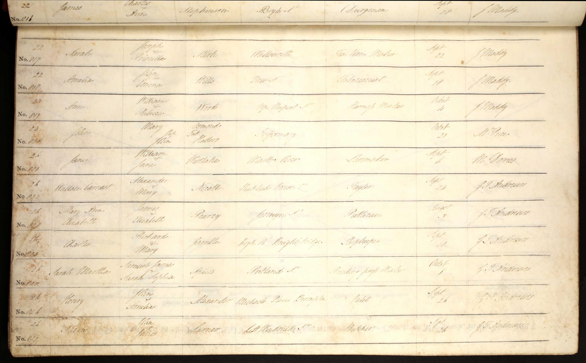 Baptism Westminster, London, England (St. James, Picadilly (St. James, Westminster)) 22 Sep 1822 Sarah Stirk