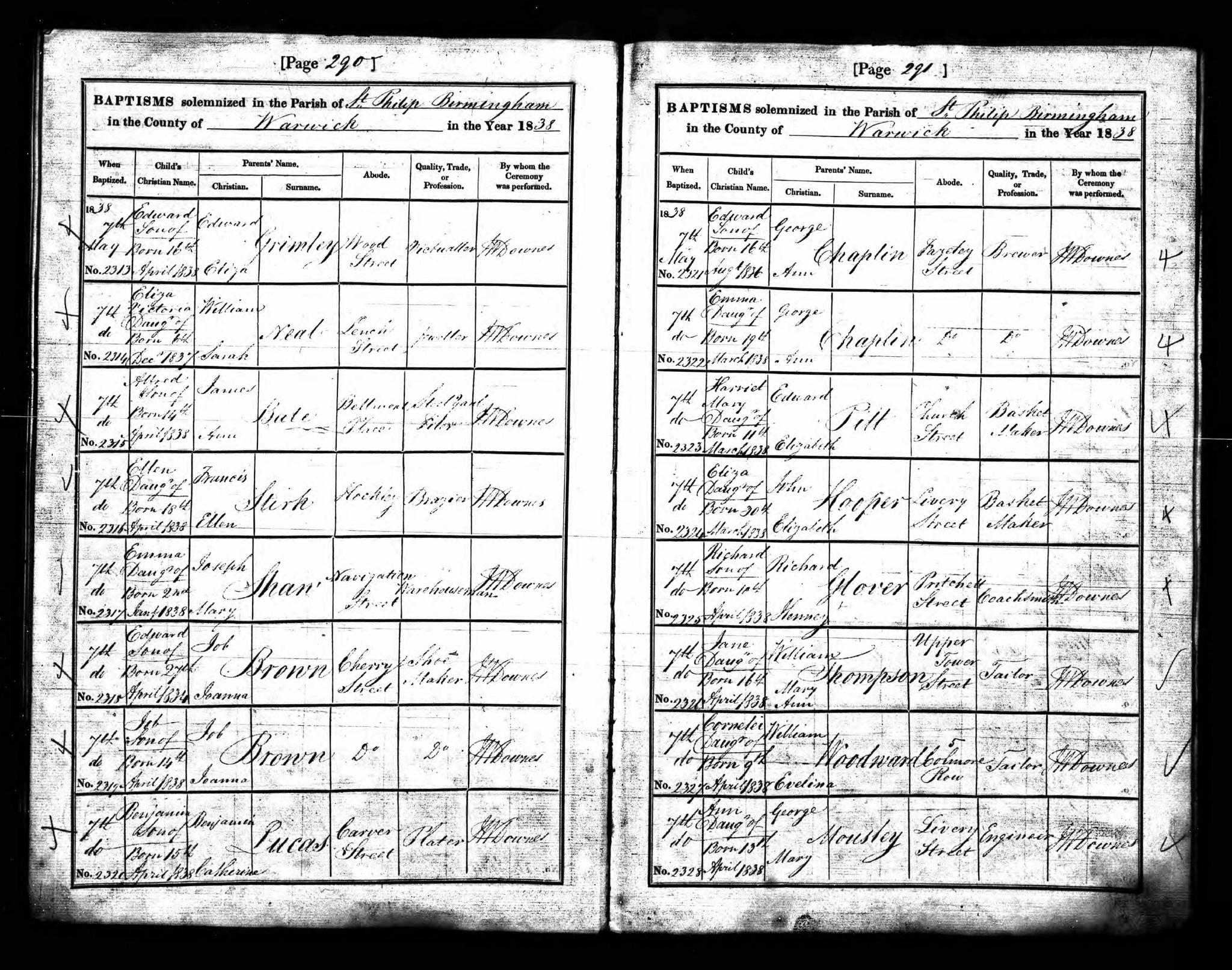 Baptism Birmingham, Warwickshire, England (St. Phillips) 7 May 1838 Ellen Stirk