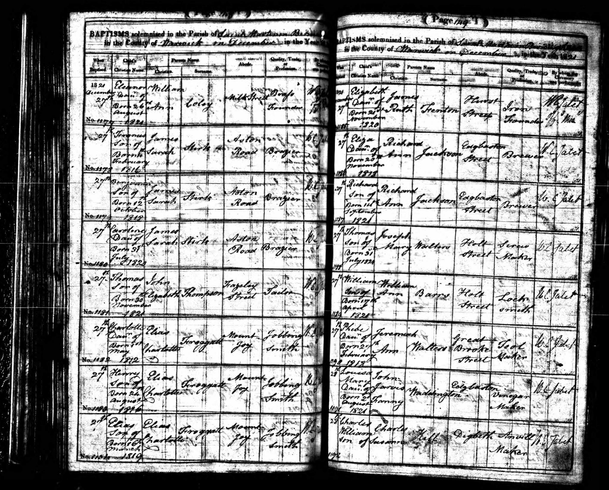 Baptism Birmingham, Warwickshire, England (St. Martin) 27 Dec 1821 Caroline Stirk