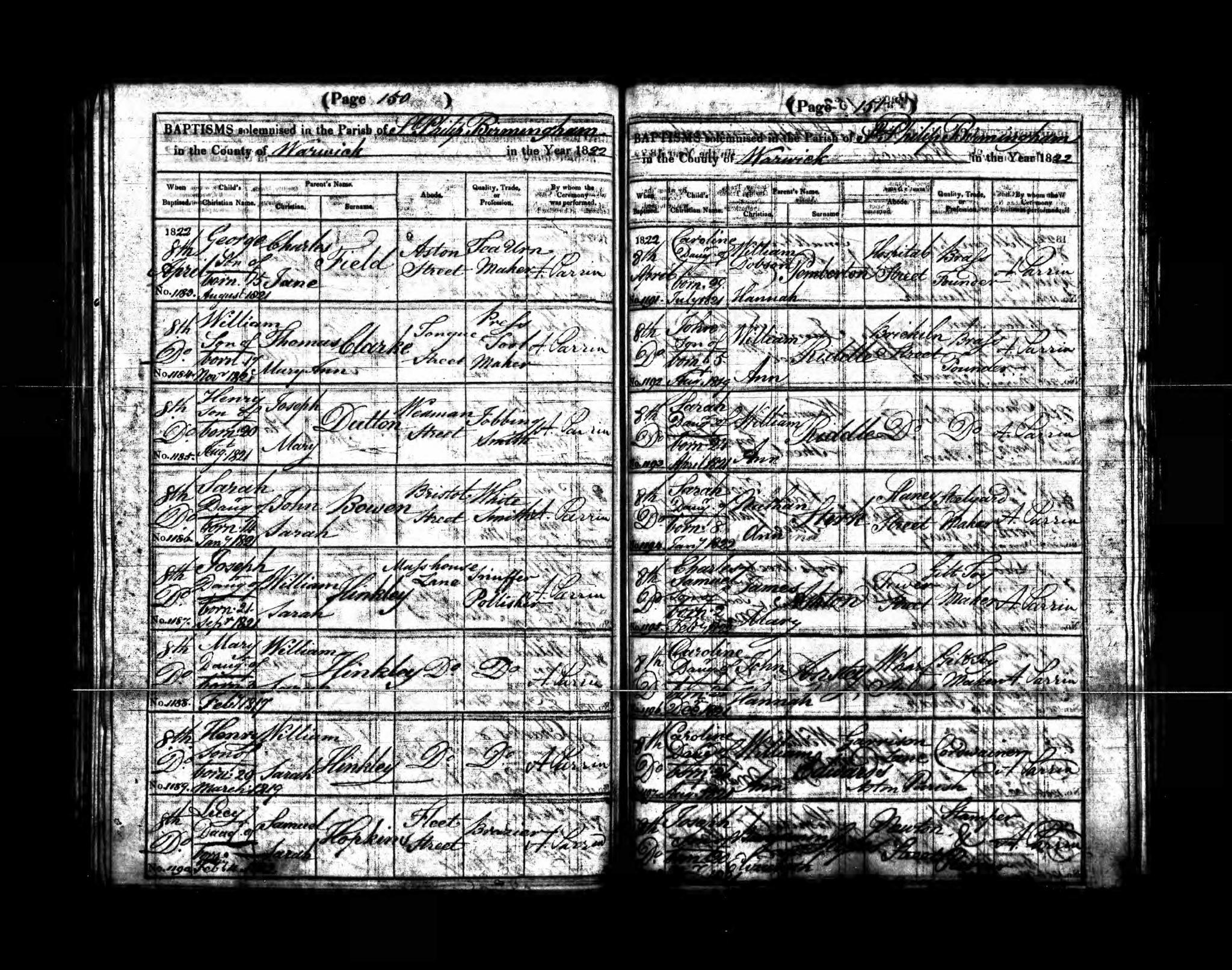 Baptism Birmingham, Warwickshire, England (St. Phillips) 8 Apr 1822 Sarah Stirk