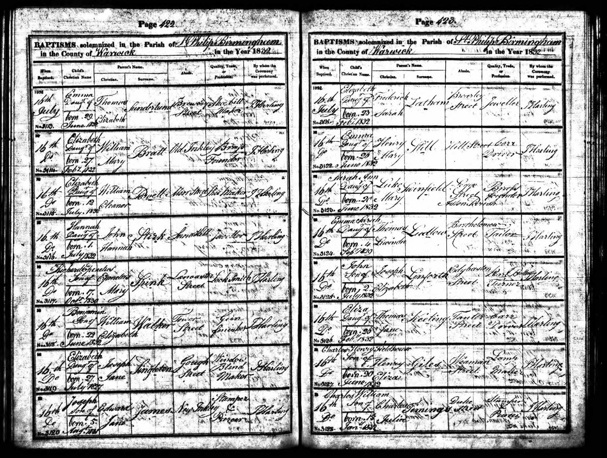 Baptism Birmingham, Warwickshire, England (St. Phillips) 13 Jul 1832 Hannah Stirk