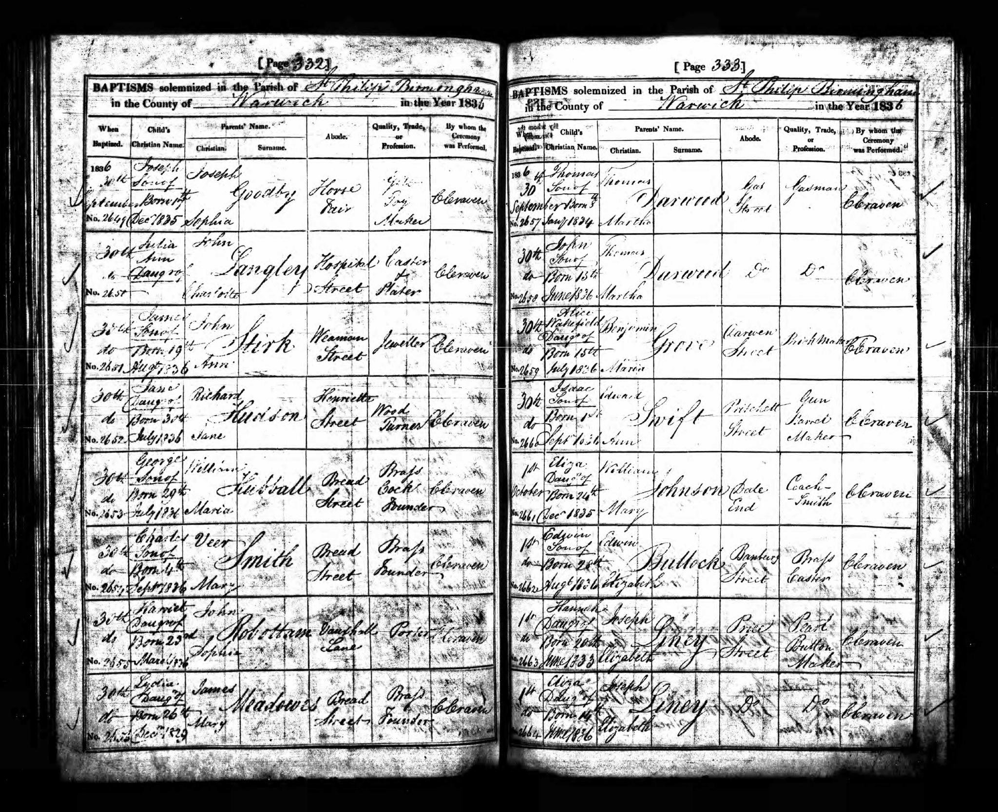 Baptism Birmingham, Warwickshire, England (St. Phillips) 30 Sep 1836 James Stirk