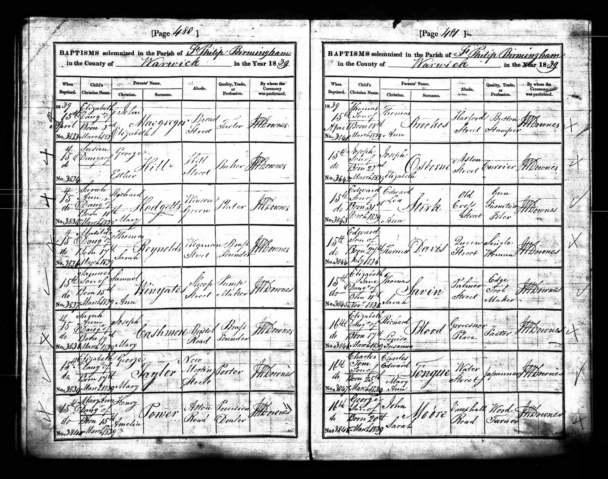 Baptism Birmingham, Warwickshire, England (St. Phillips) 15 Apr 1839 Edward Stirk