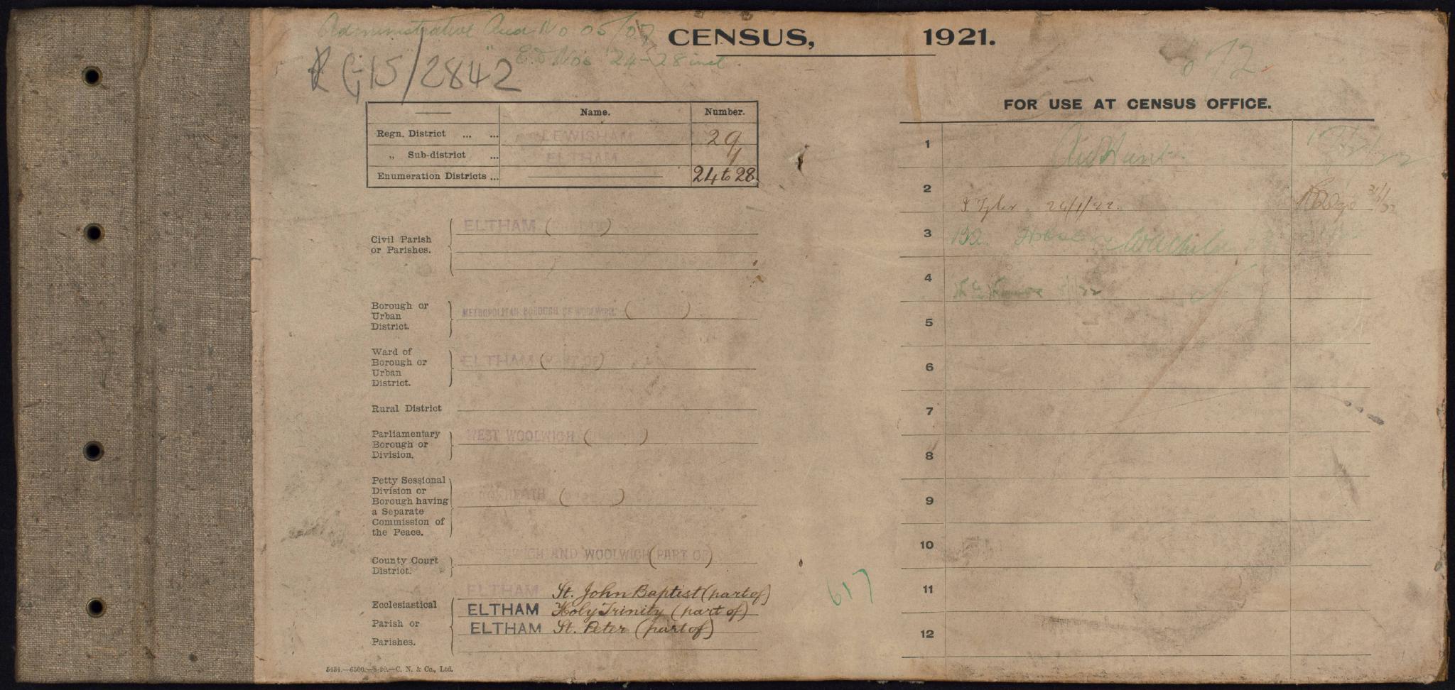 Census England 1921 RG15-02842 RD-29 SD-1 ED-27