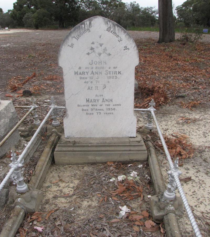 Gravestone Australia, Western Australia, Kalamunda 1923 STIRK, John (Full)