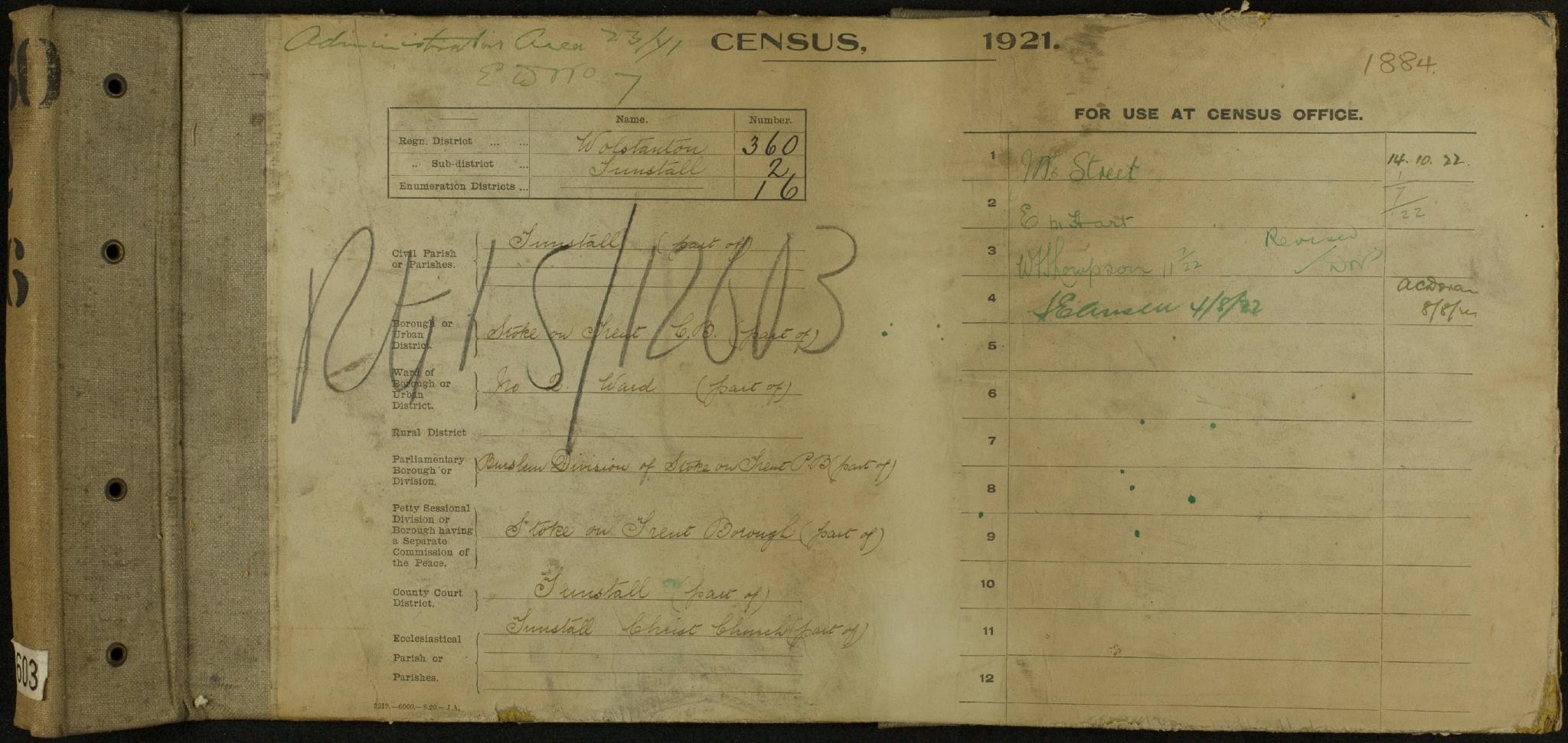 Census England 1921 RG15-12603 RD-360 SD-2 ED-16 SN-208