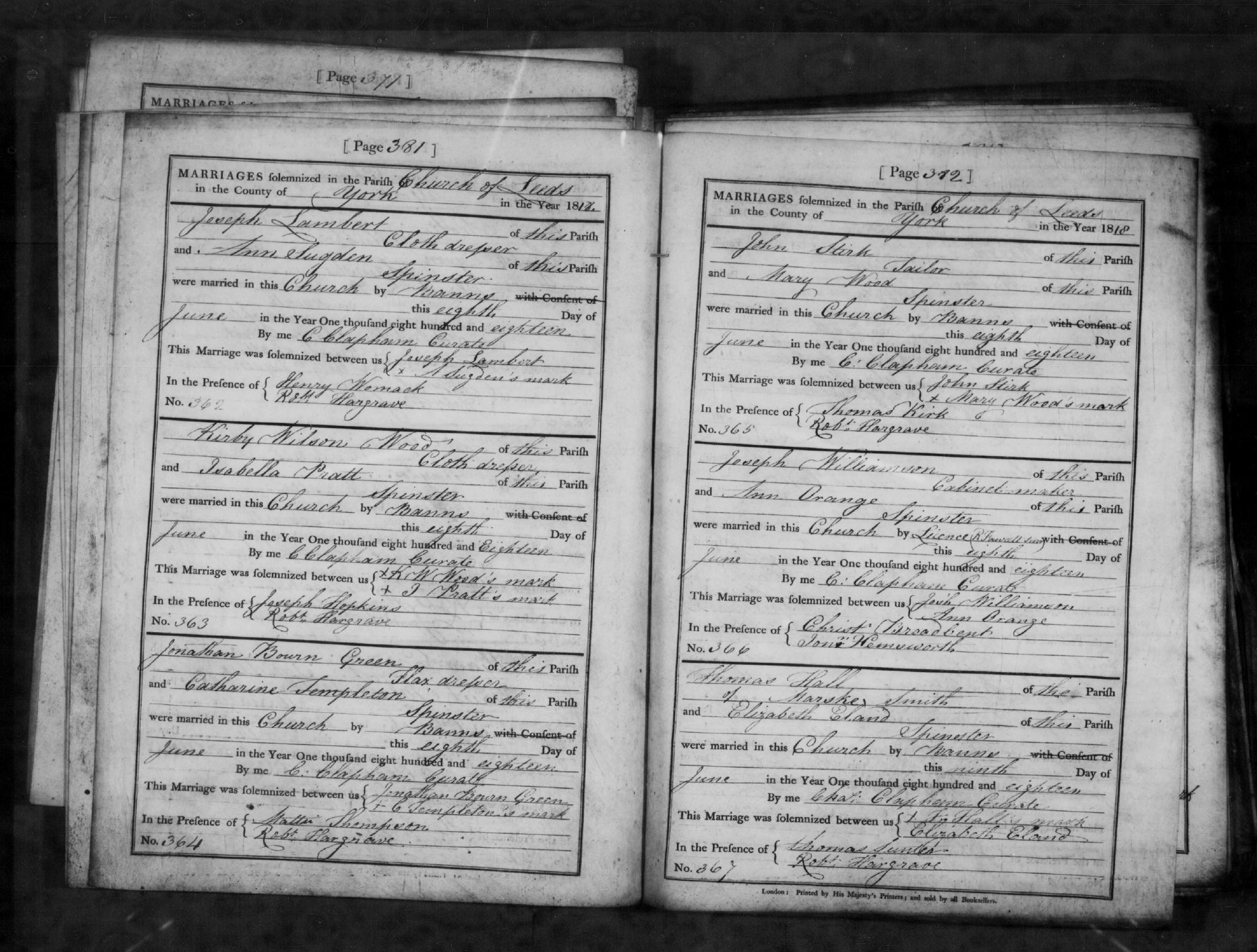 Marriage Leeds, Yorkshire, England (St. Peter's Church (Leeds Parish)) 8 Jun 1818 John Stirk & Mary Ann Wood