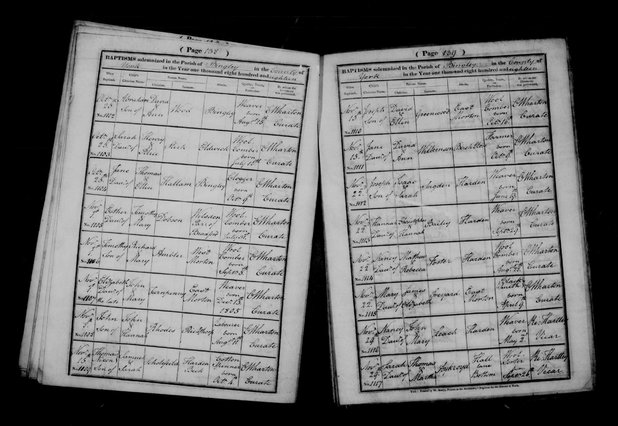 Baptism Bingley, Yorkshire, England (All Saints Church) 25 Oct 1818 Sarah Stirk