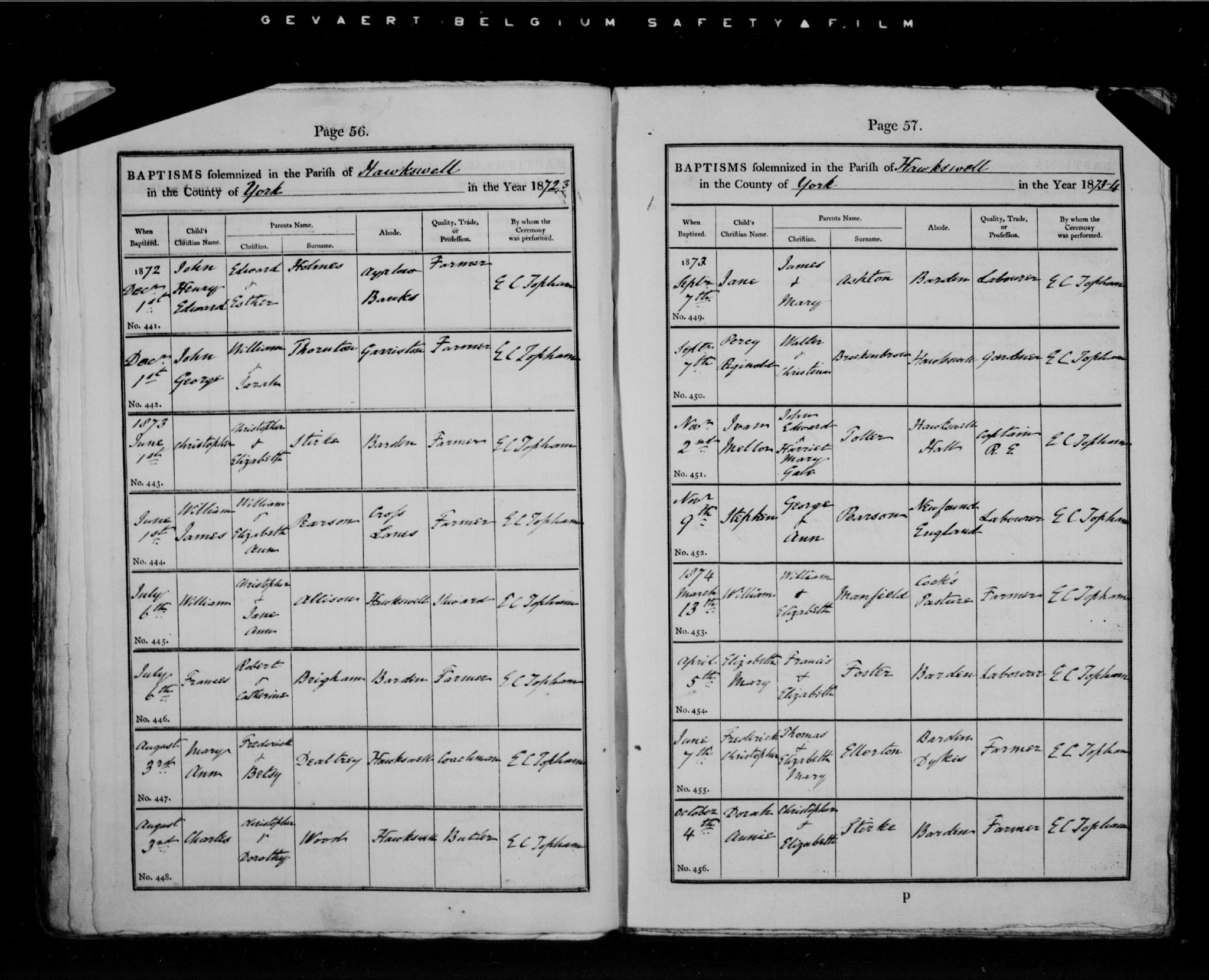 Baptism Hawkswell, Yorkshire, England (St. Oswald's Church) 1 Jun 1873 Christopher Baines Stirke
