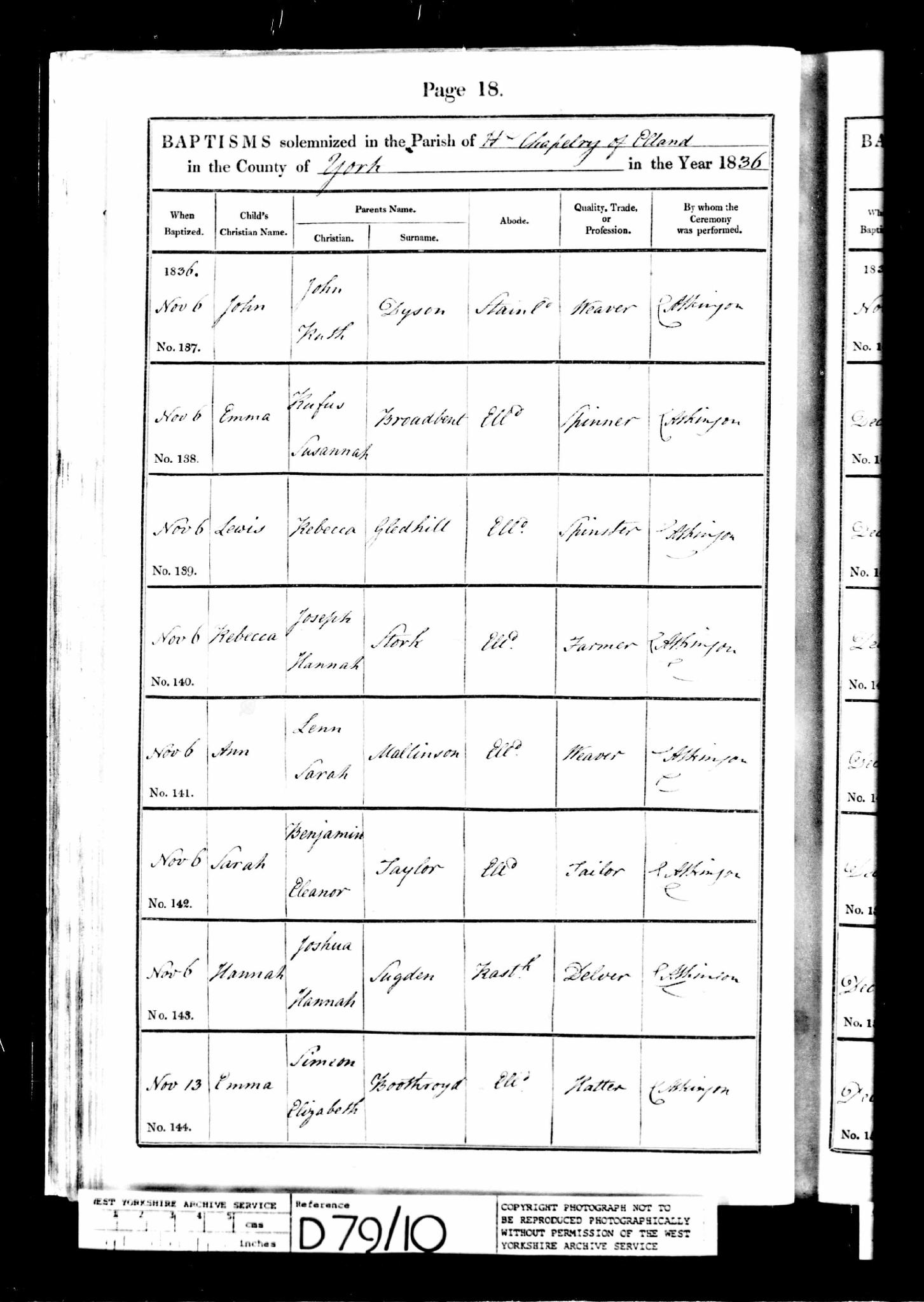Baptism Elland, Yorkshire, England (St Mary) 6 Nov 1836 Rebecca Stork